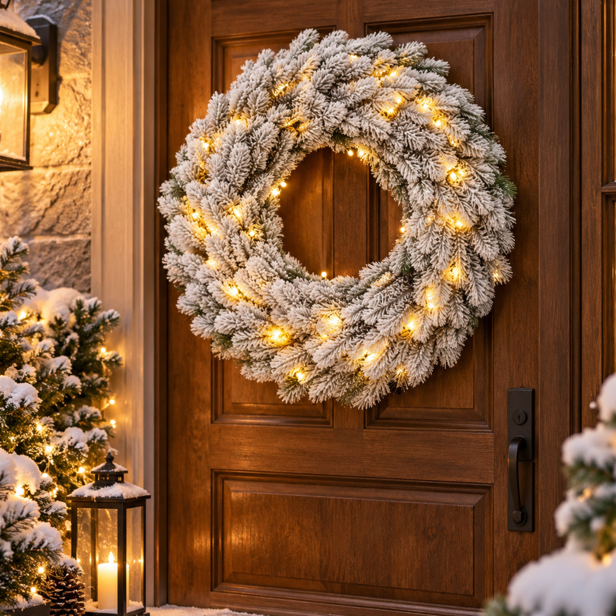Corona natalizia floccata Ø 60 cm con 80 Led bianco caldo