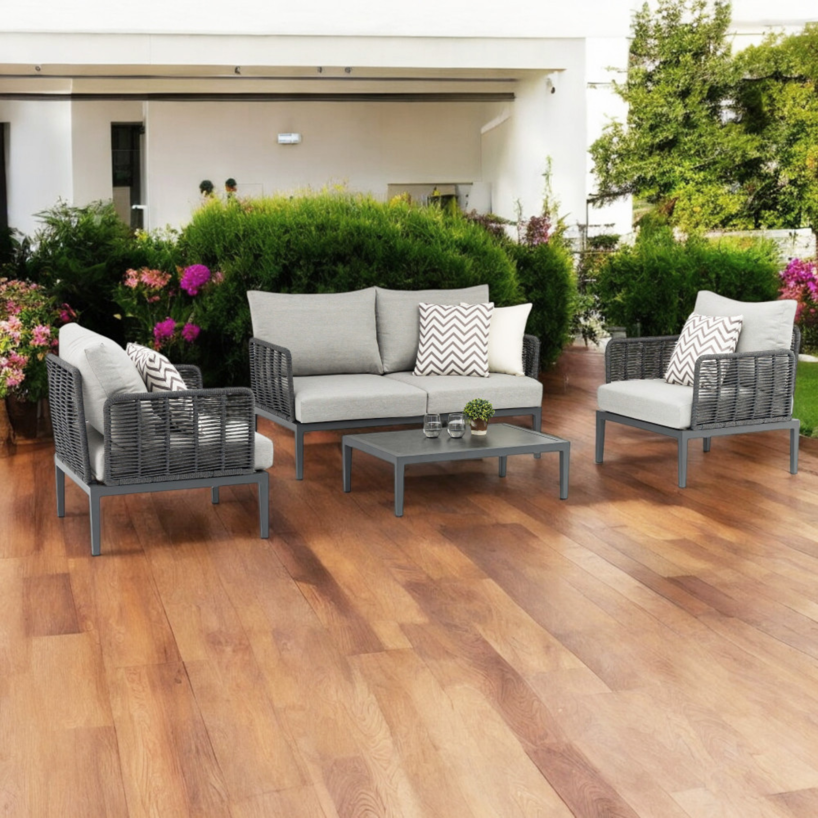 Salottino da esterno in alluminio verniciato rivestito in corda pvc con cuscini  4 Posti- Marigot