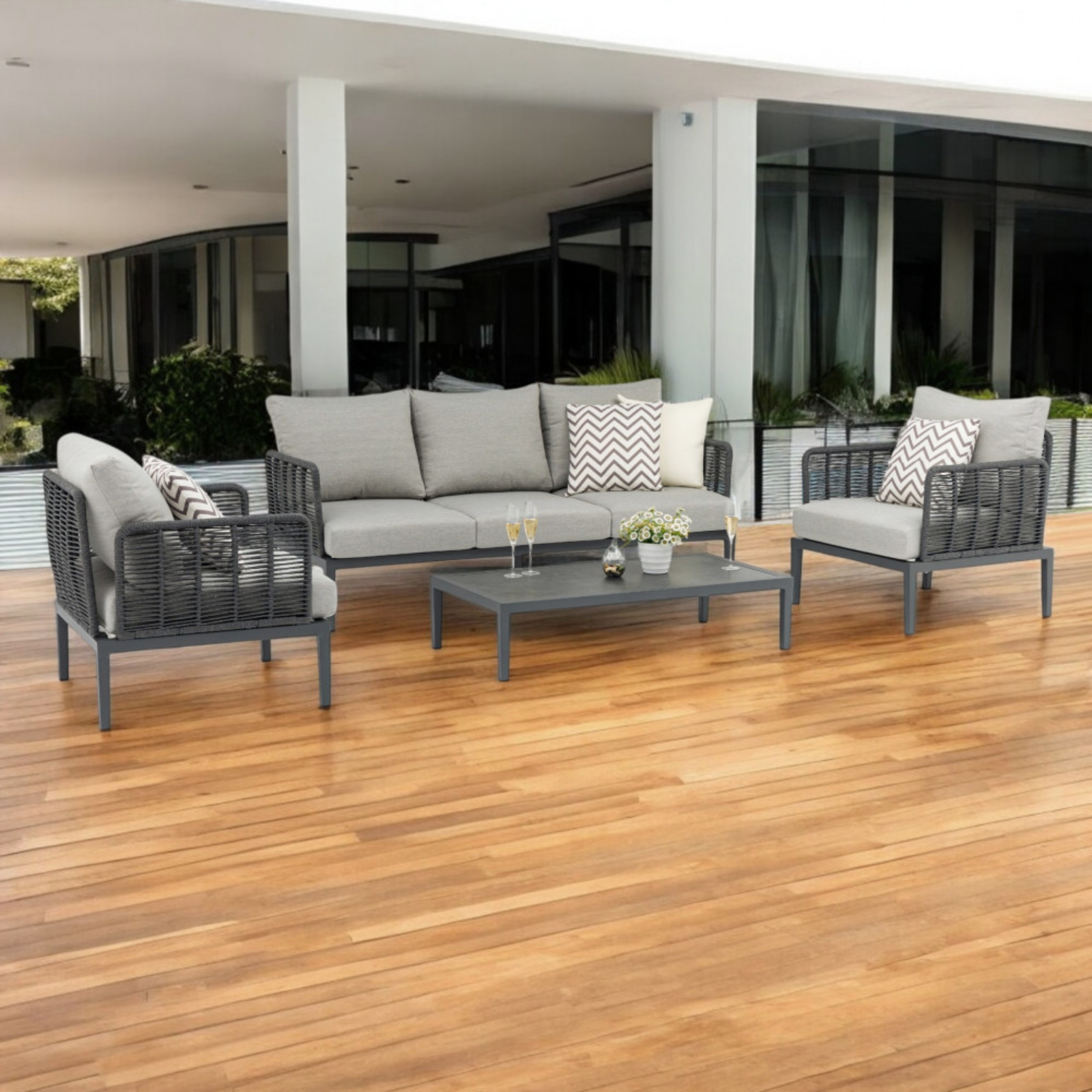 Salottino da esterno in alluminio verniciato rivestito in corda pvc con cuscini  5 Posti- Marigot