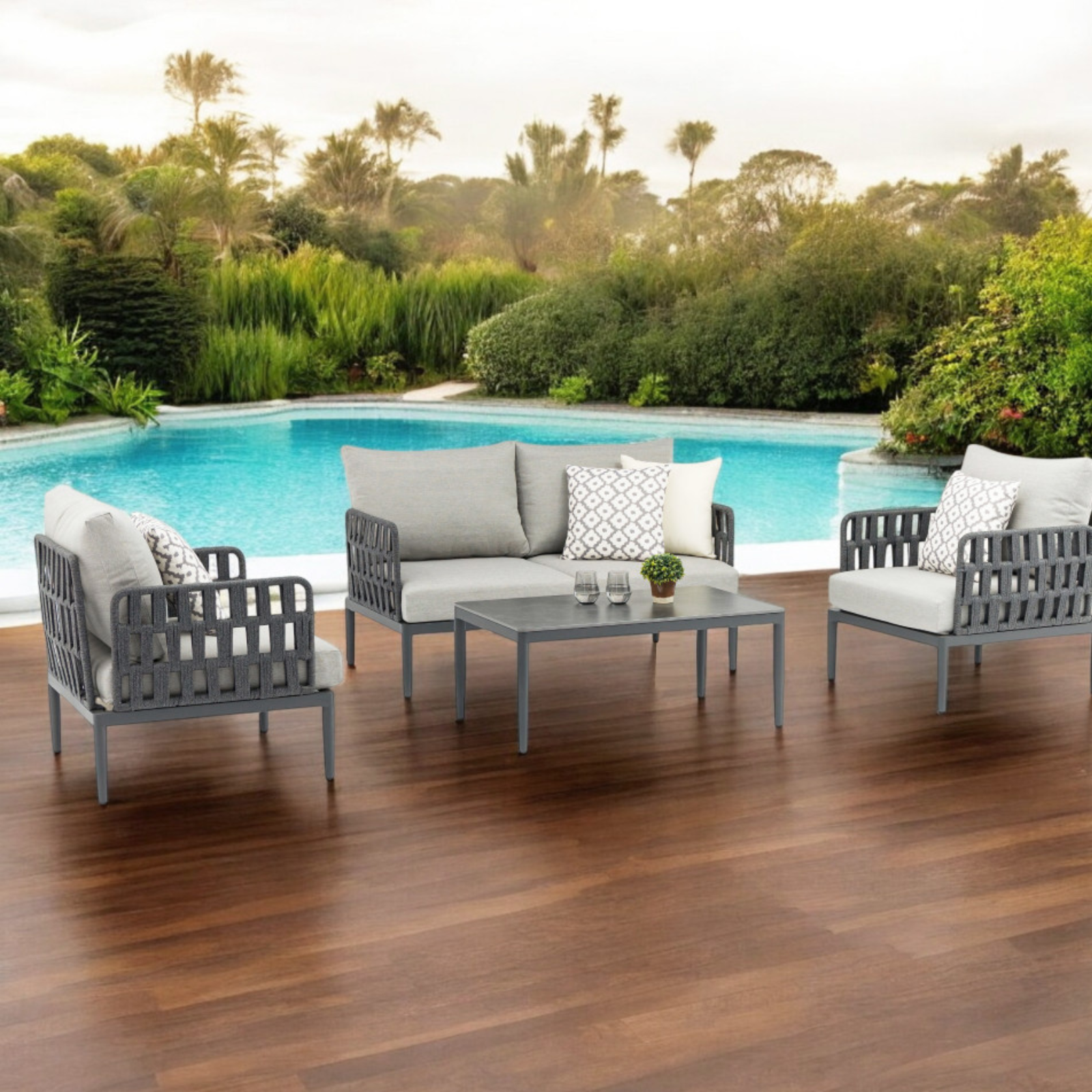 Salottino da esterno in alluminio con rivestimento corda pvc e cuscini 4 posti - John