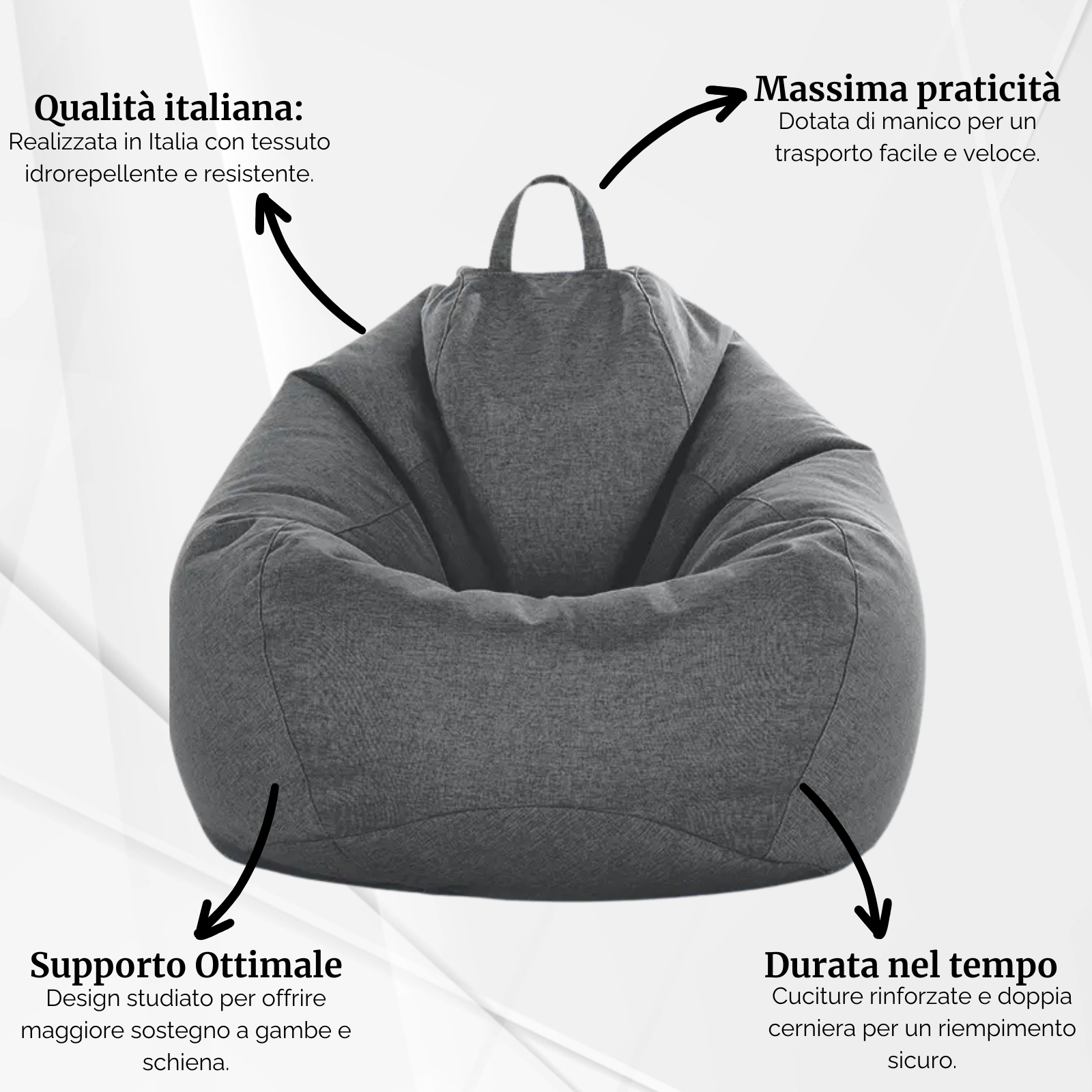 IKOMI - Poltrona a sacco Pouf in tessuto design moderno con imbottitura 100x100