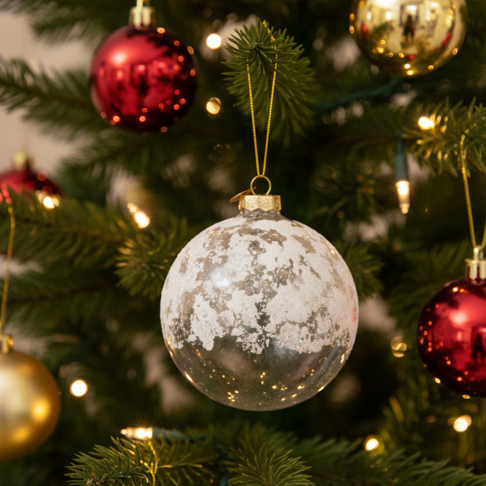 Pallina per albero di natale in vetro trasparente e bianco decorazione natalizia