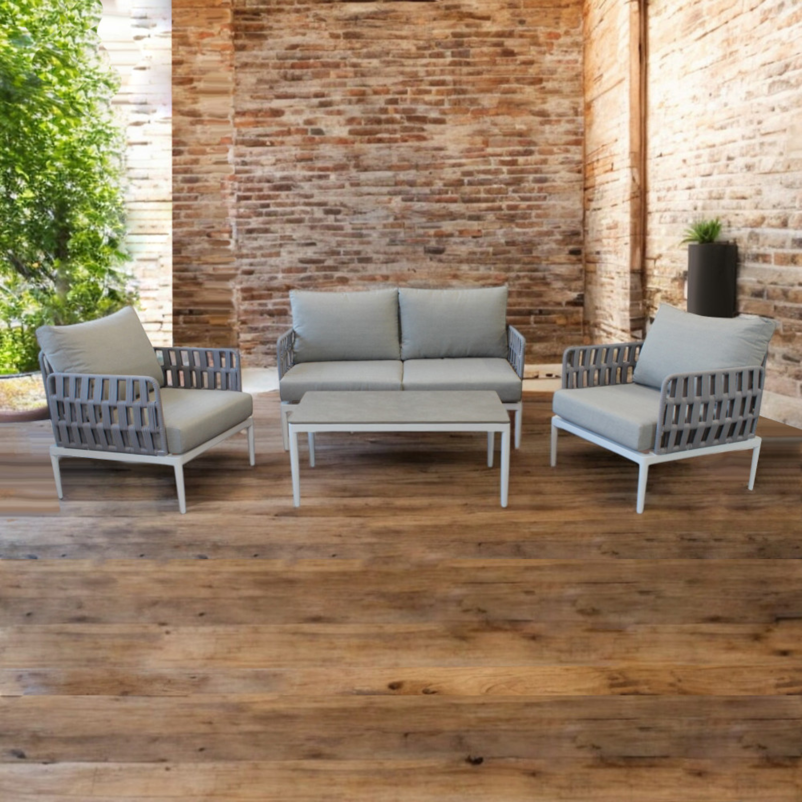 Salottino da esterno in alluminio con rivestimento corda pvc e cuscini 4 posti - John