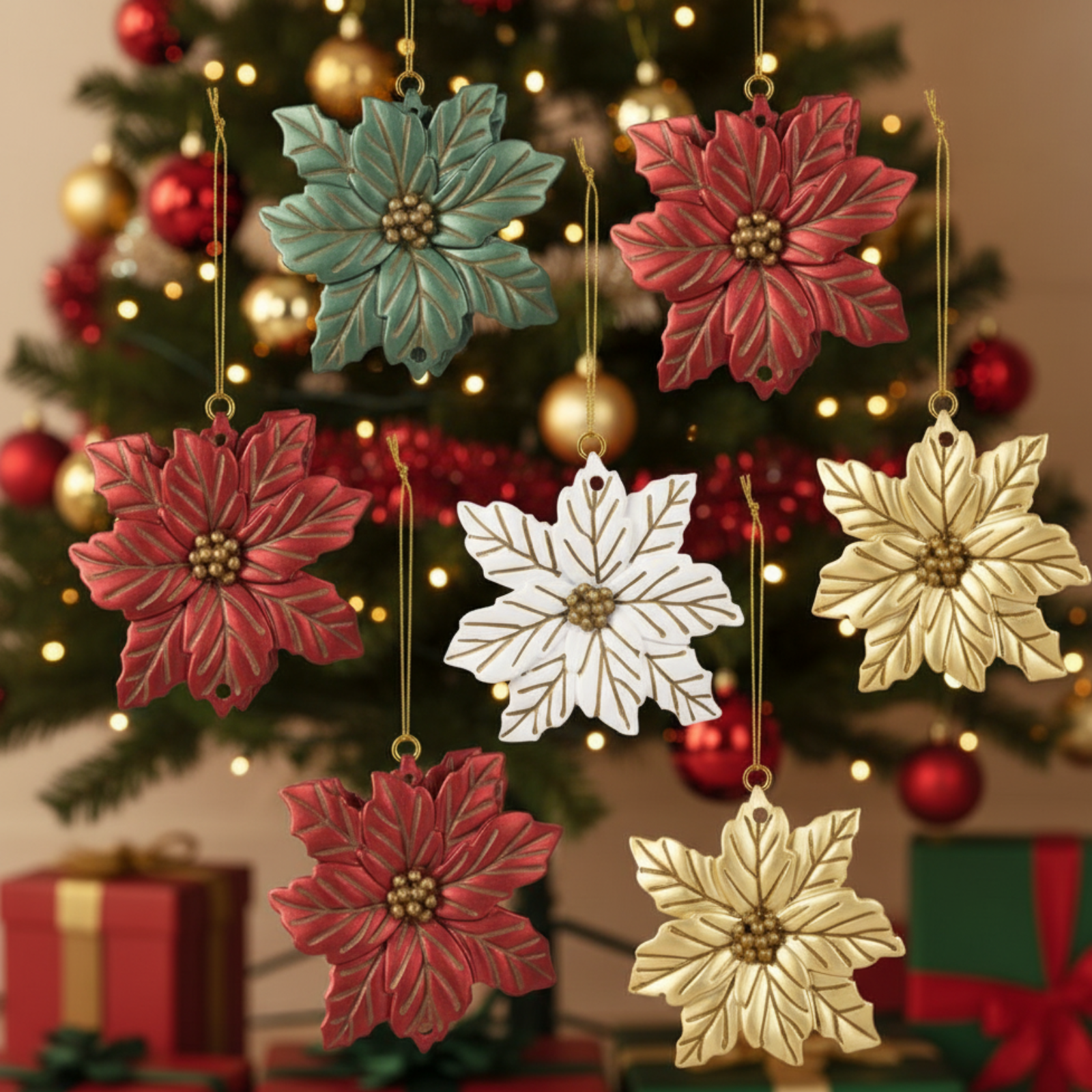 Set 6 Pz Pendagli per albero di natale poinsettia colorazione assortita