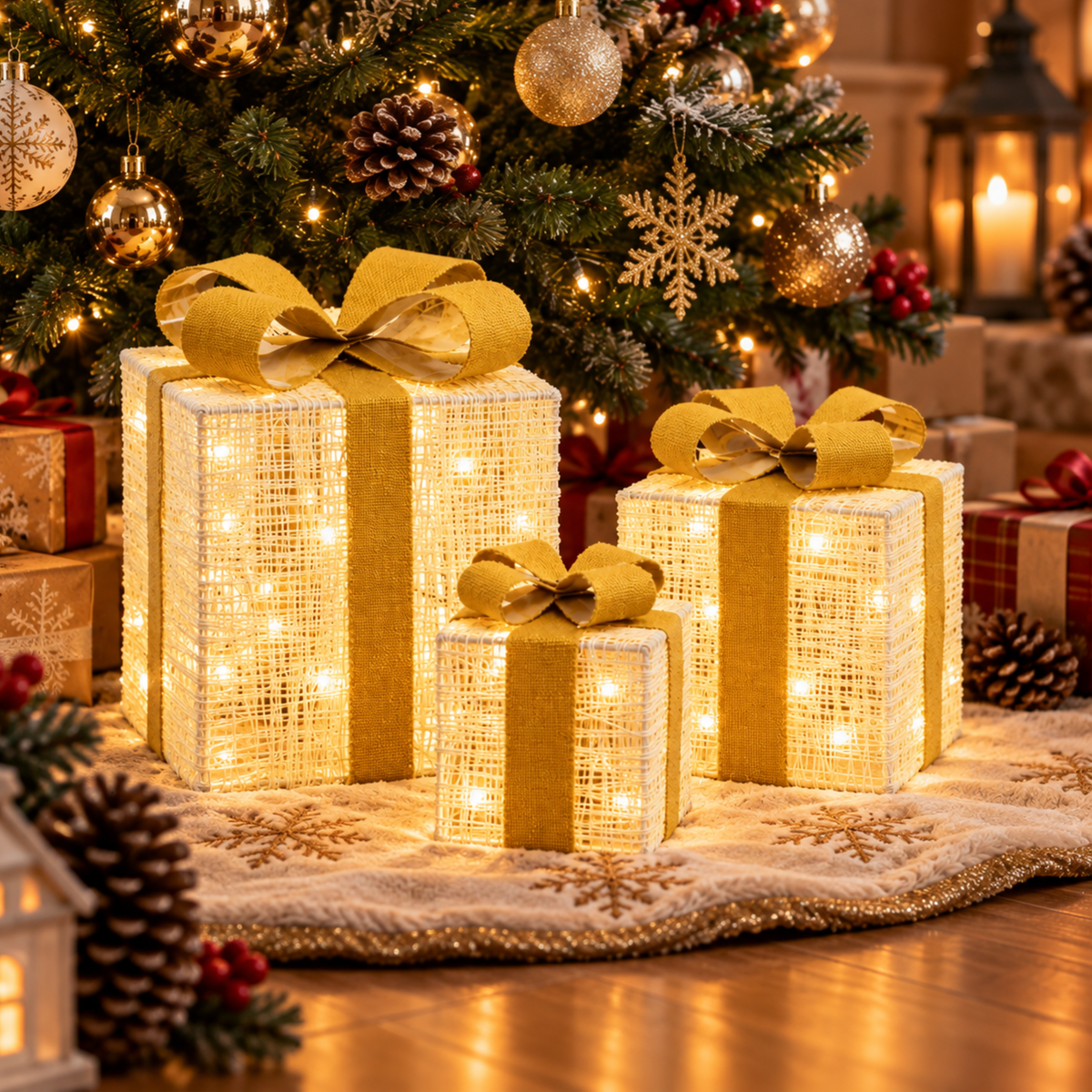 Set di 3 pacchi regalo per albero di natale decorazione natalizia con led - 3D