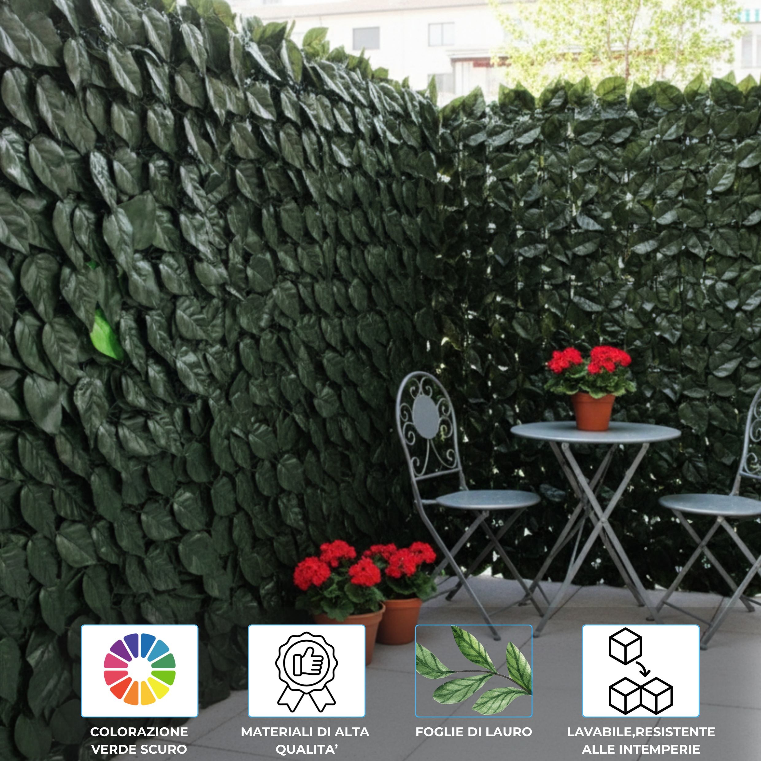 Siepe artificiale con fogli di lauro e rete ombreggiante sul retro ideale per esterno