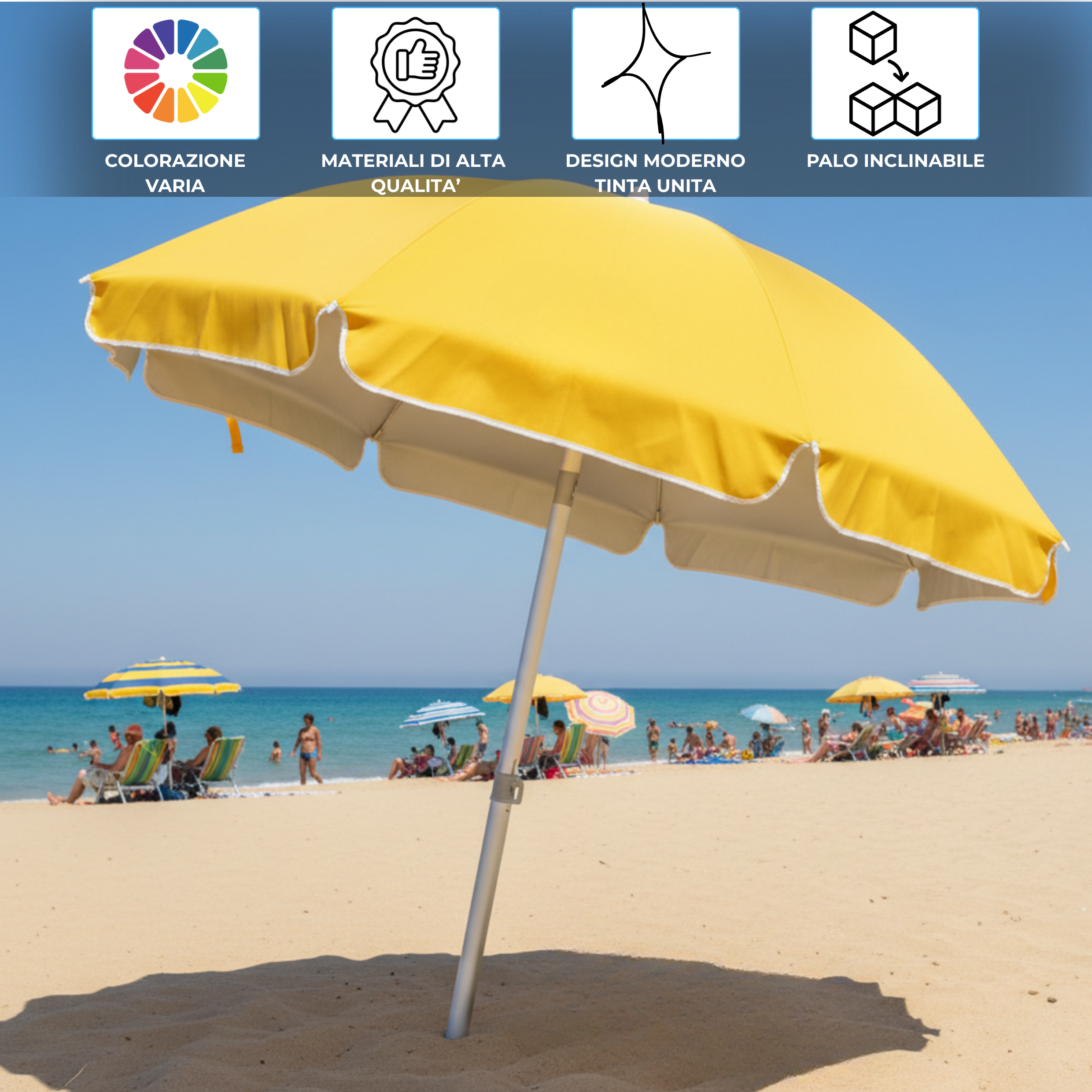 Ombrellone da spiaggia antivento con palo inclinabile telo poliestere UV50+ UPF98%