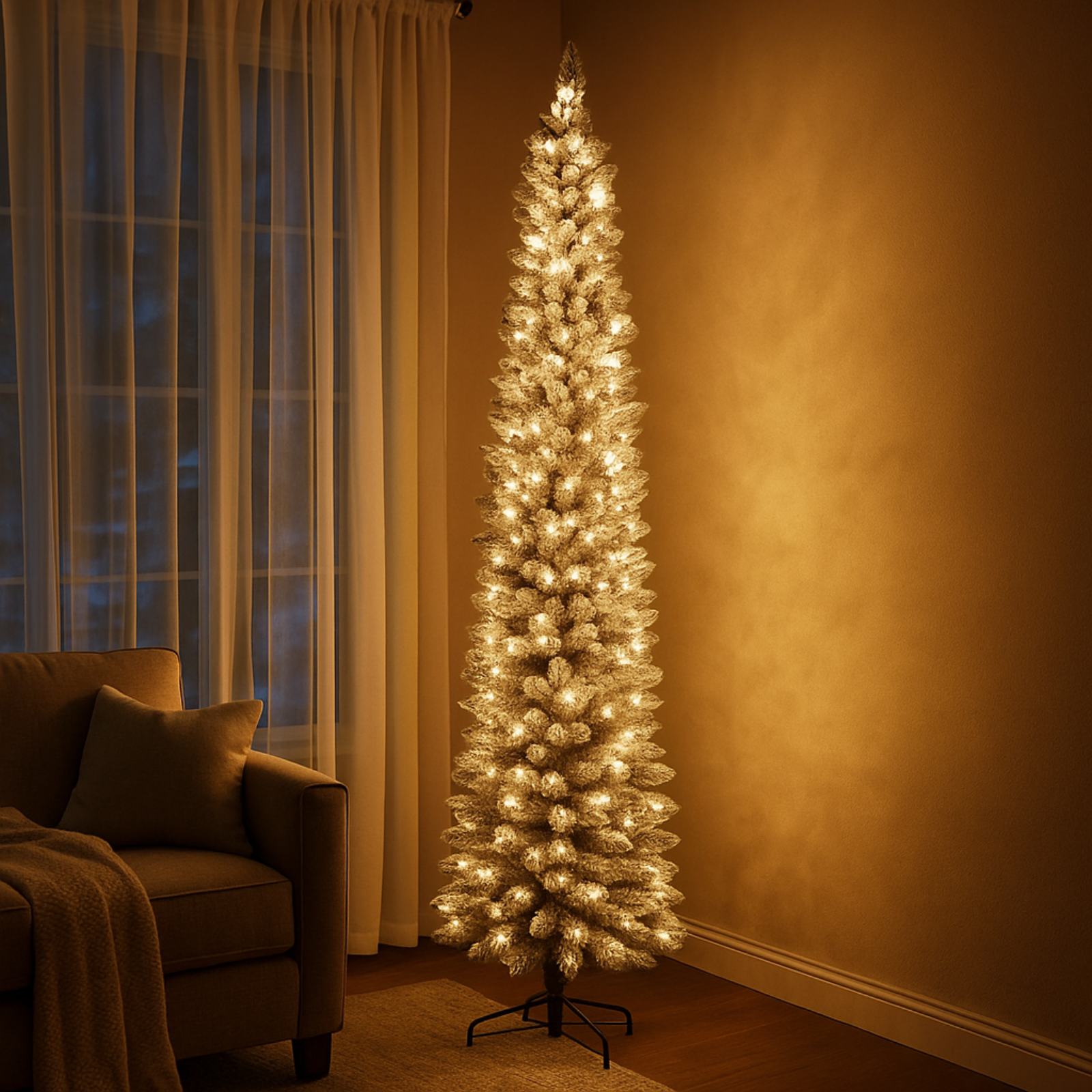 Albero di natale innevato slim in PVC con luci led integrate bianco caldo - Silvestre floccato