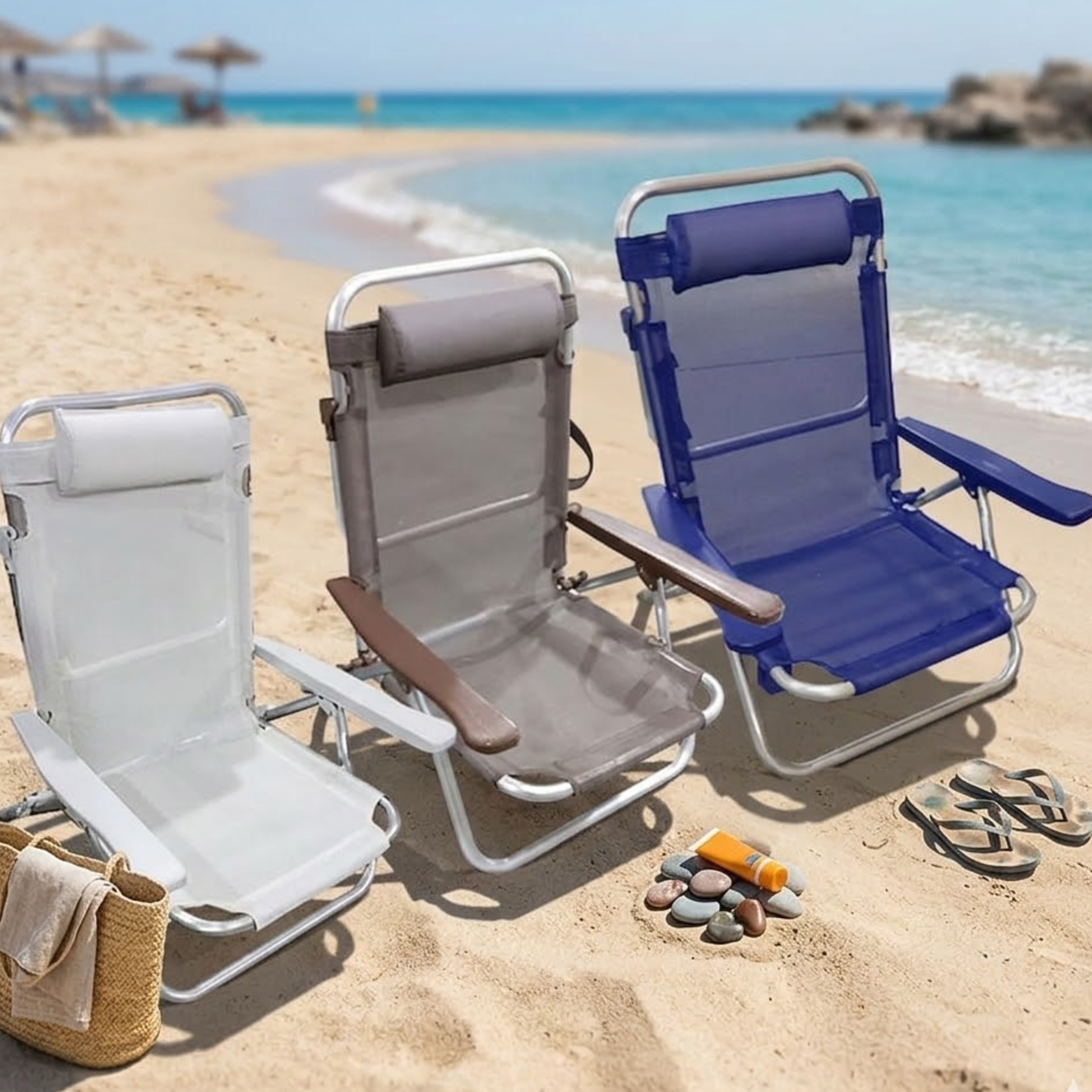 Spiaggina Pieghevole con braccioli in alluminio e textilene 53x62x77 cm