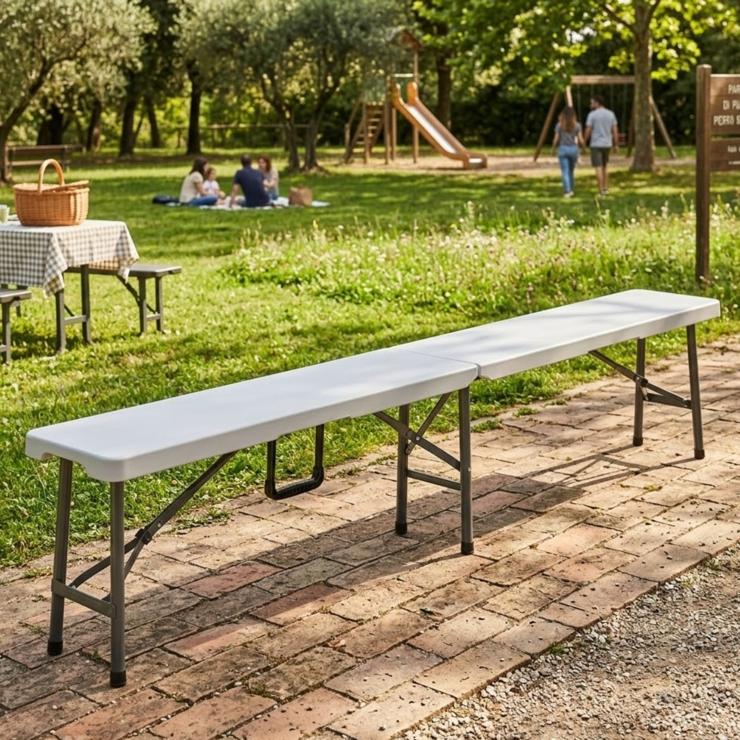 Panca pieghevole portatile 180 cm in acciaio e HDPE ideale per esterno