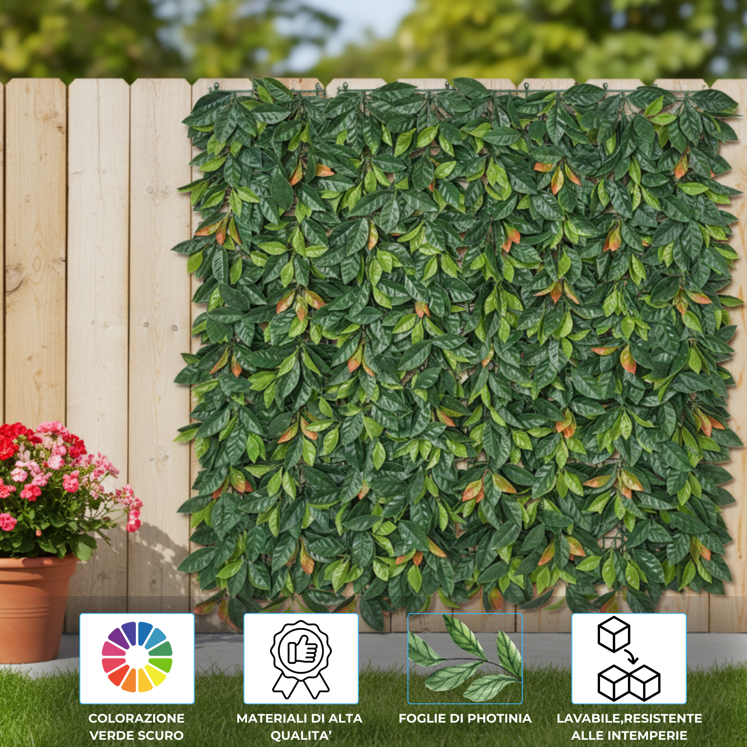 Siepe Artificiale foglie di photinia 1x1 MT ideale per ambienti esterni o interni