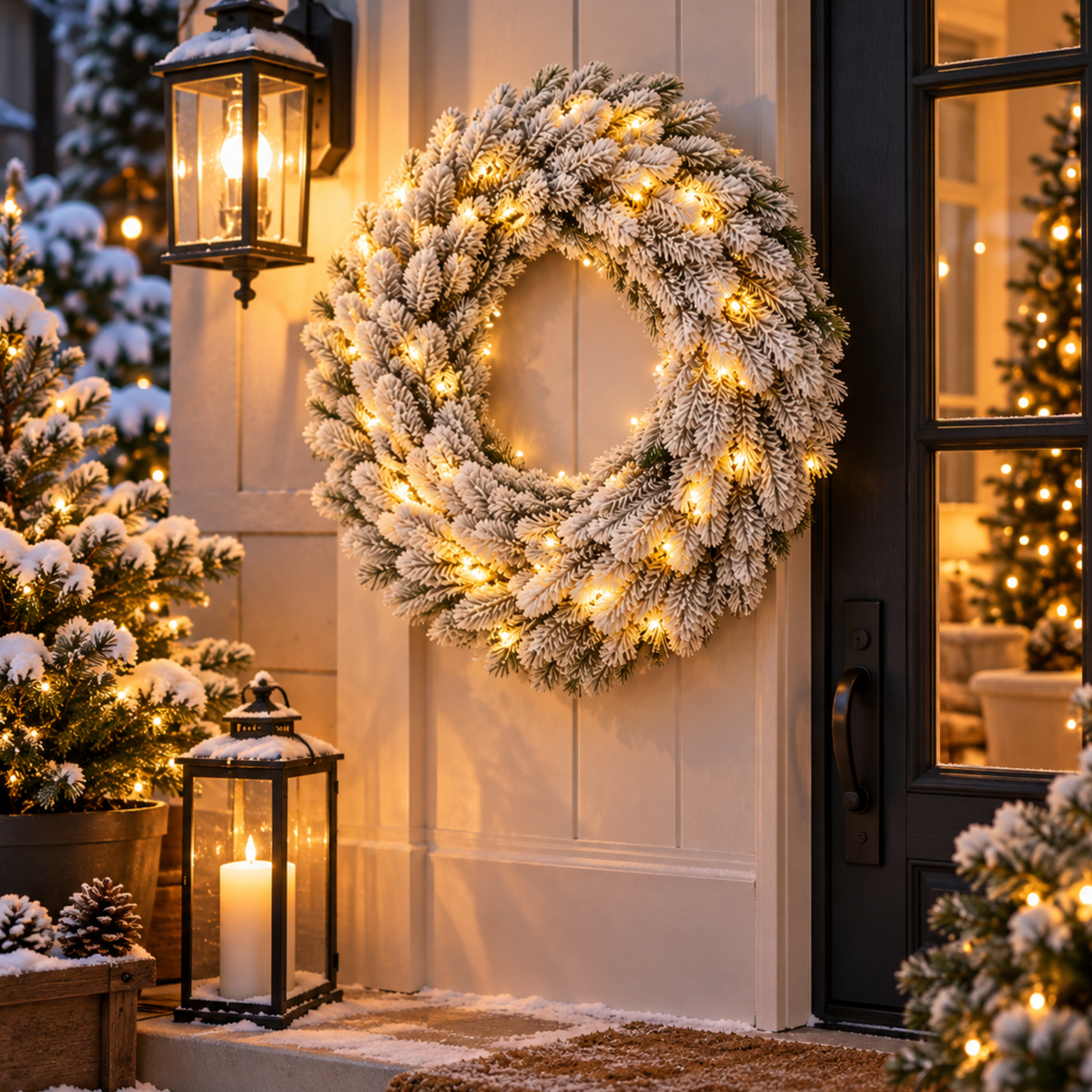 Corona natalizia floccata Ø 60 cm con 80 Led bianco caldo