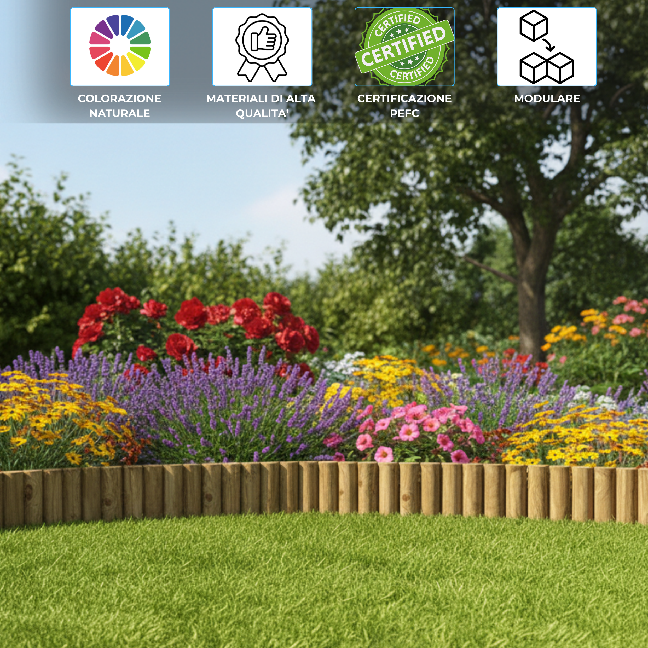 Recinzione in legno di pino fresco Rollborder per delimitazione aiuole,prati,giardino