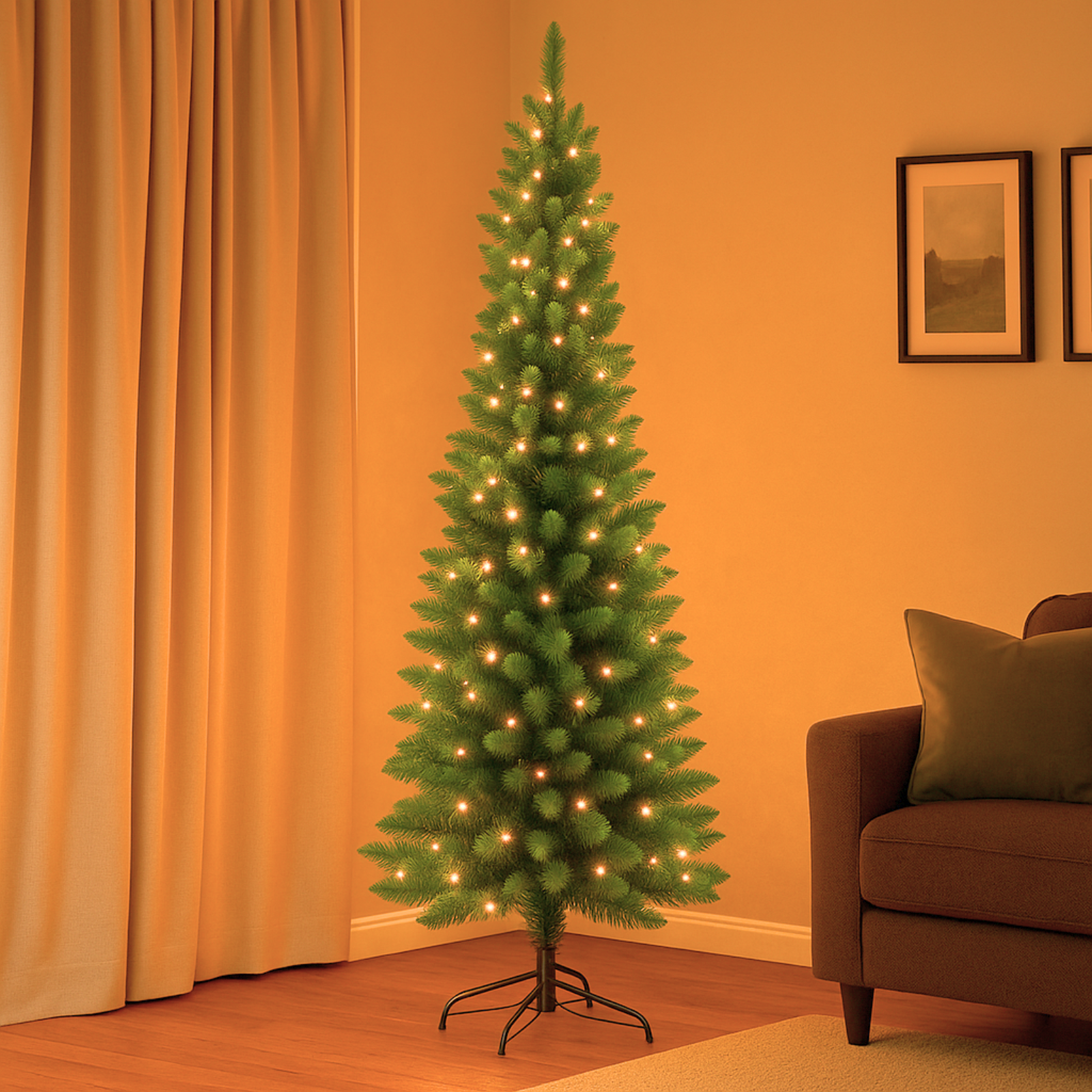 Albero di natale slim verde in PVC con luci led integrate bianco caldo - Silvestre