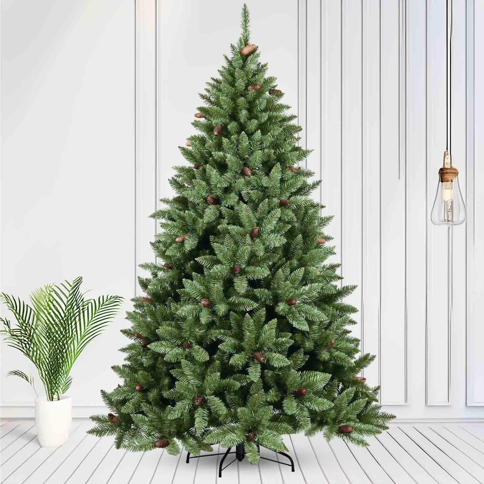 Albero di natale verde artificiale con pigne in PVC e PP base a croce in metallo - Libery