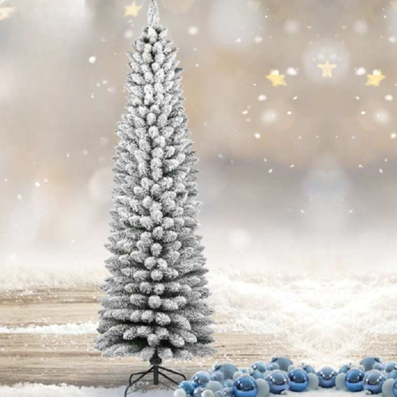 Albero di natale slim innevato artificiale in PVC con base in metallo apertura a pencil - Glowy