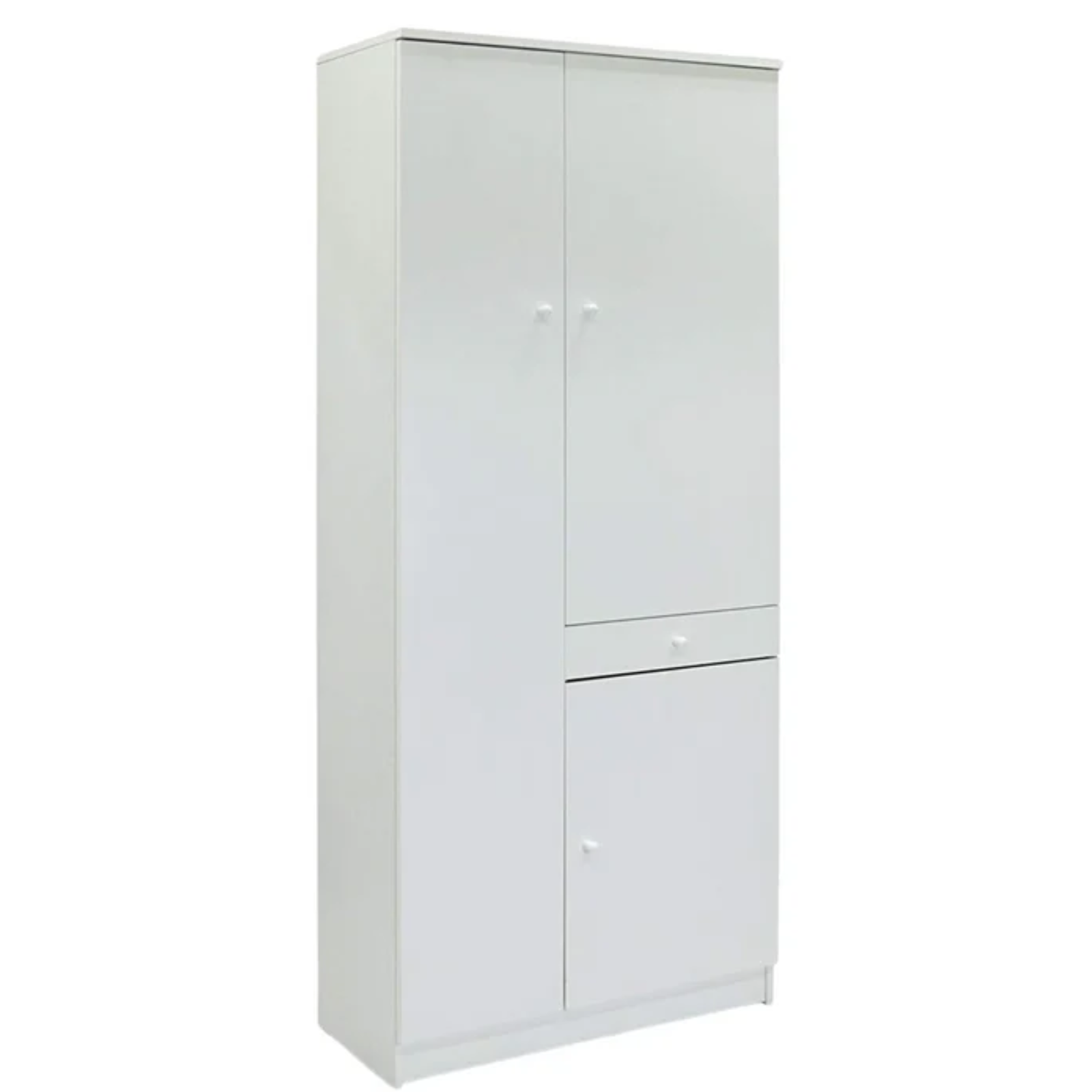 Armadio multiuso 77x147H in legno bianco laccato 3 ante 1 cassetto e ripiani interni