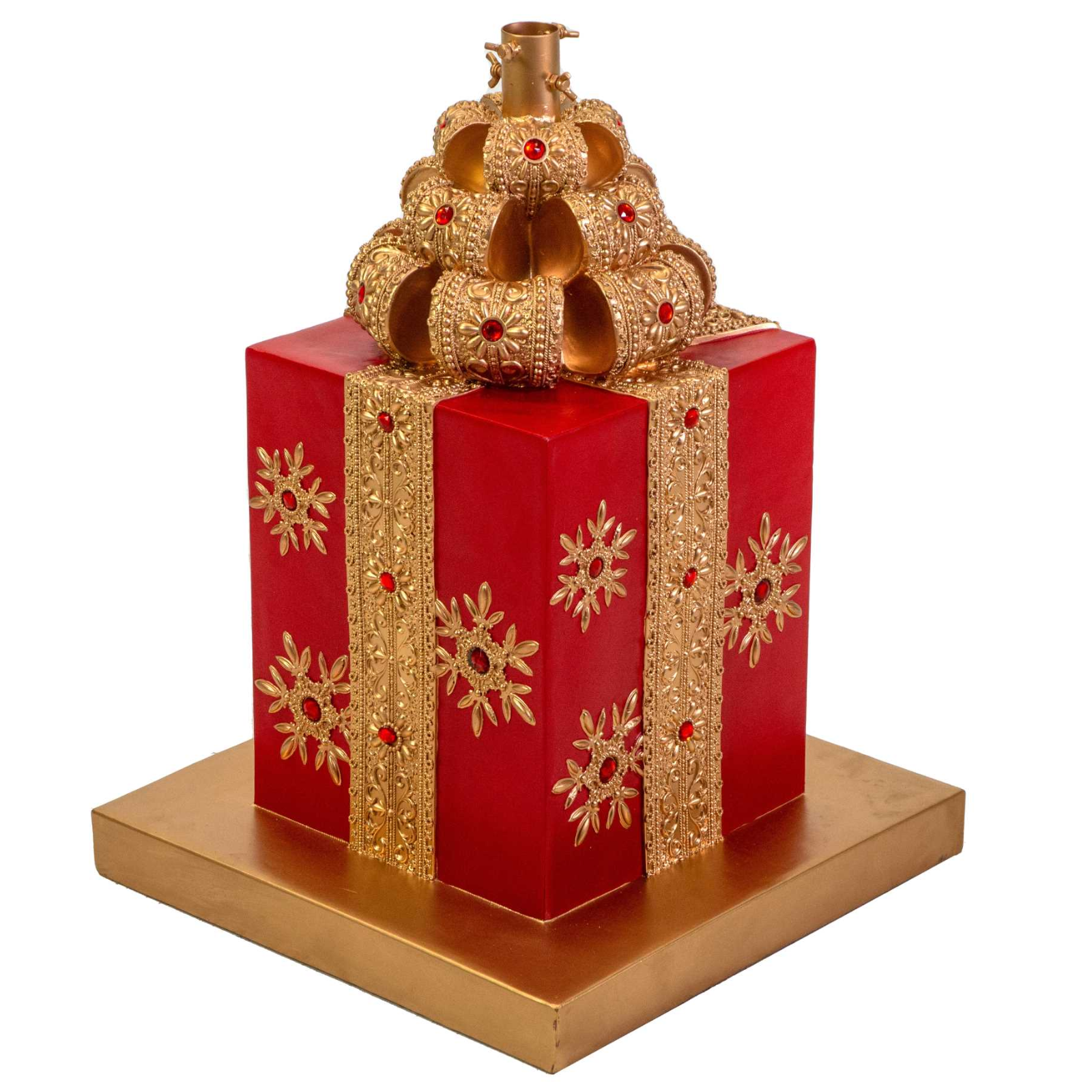 Base per albero di natale pacco regalo rosso e oro in resina H 56 cm