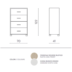 Cassettiera 4 cassetti in melaminico con frontali rovere rustico e struttura bianco fiammato - Lucilla