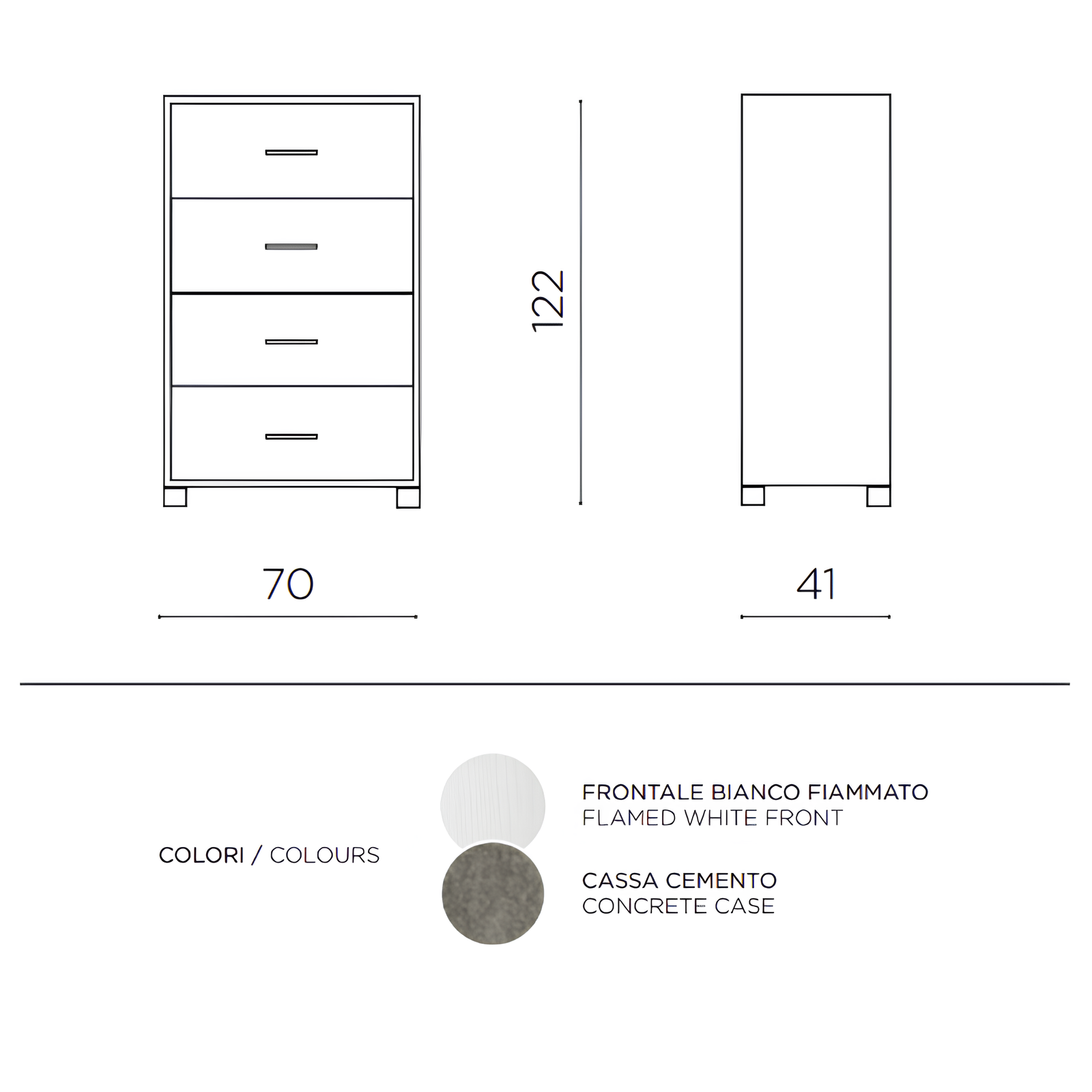 Cassettiera 4 cassetti in melaminico con frontali bianco fiammato e struttura cemento - Lucilla