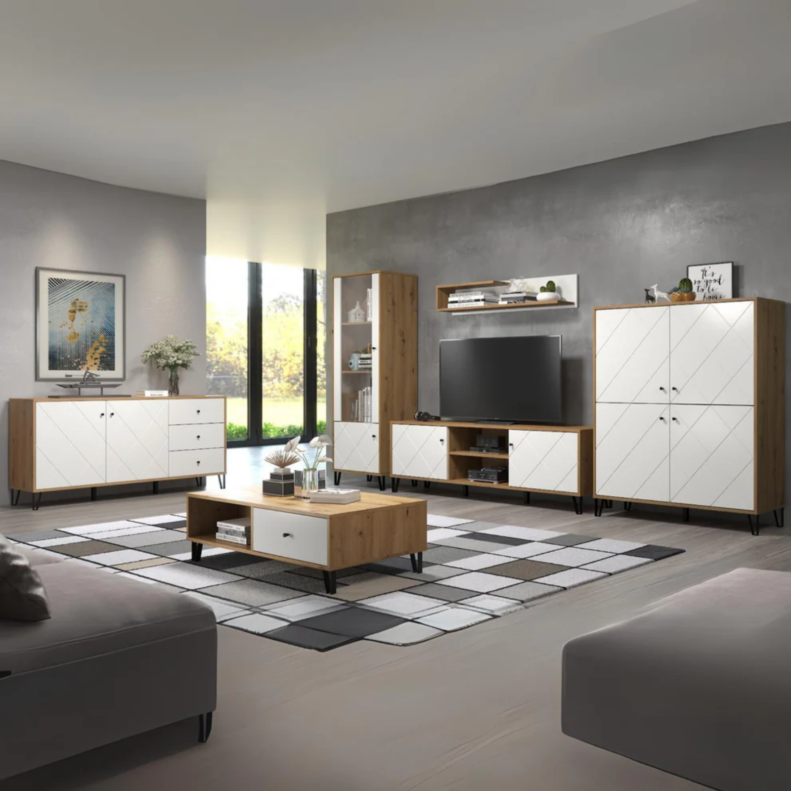 Cassettiera multiuso 63x95H in legno con 1 anta e 2 cassetti rovere e bianco - Linea Bolli