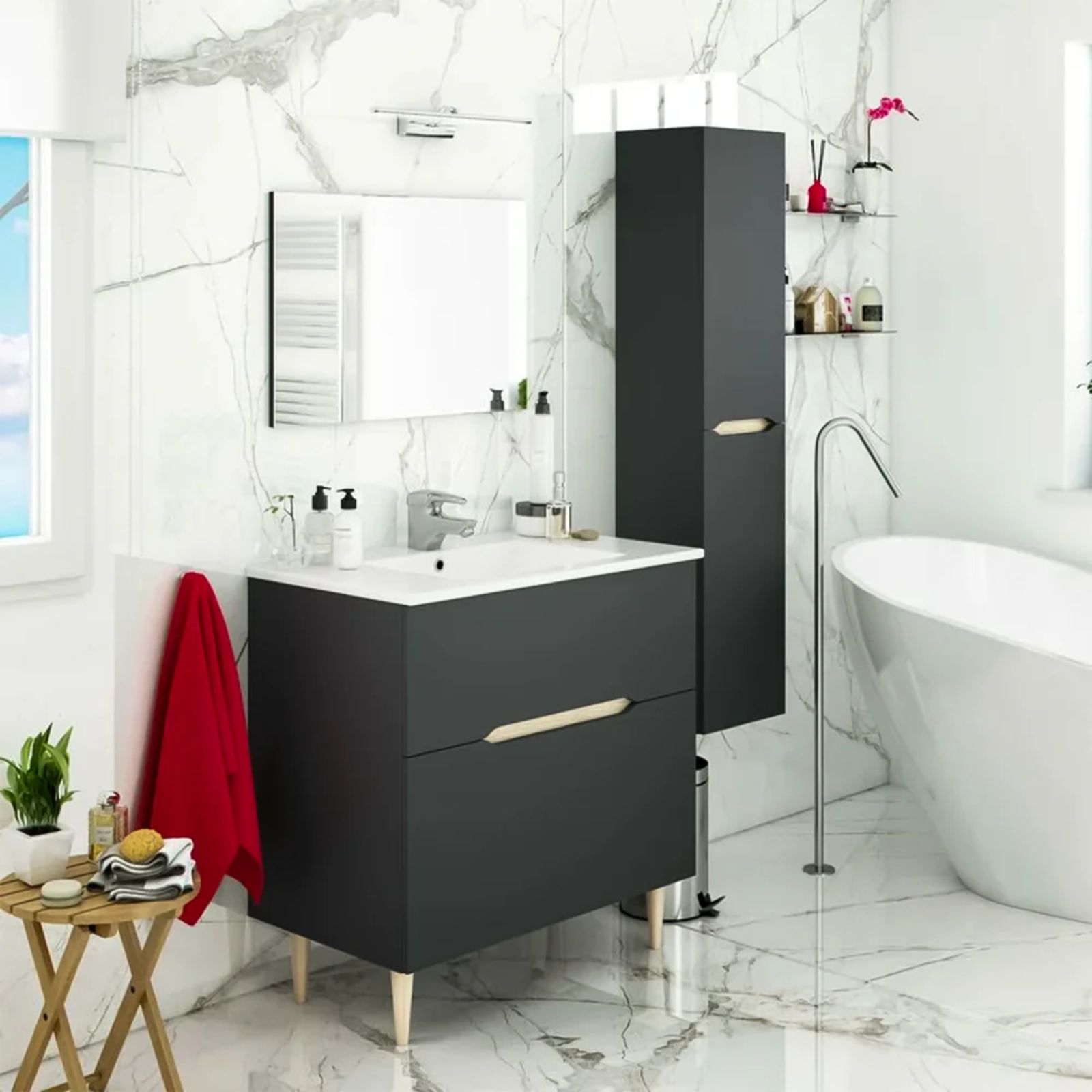 Colonna da bagno sospesa 2 ante design moderno antracite e rovere - Denver