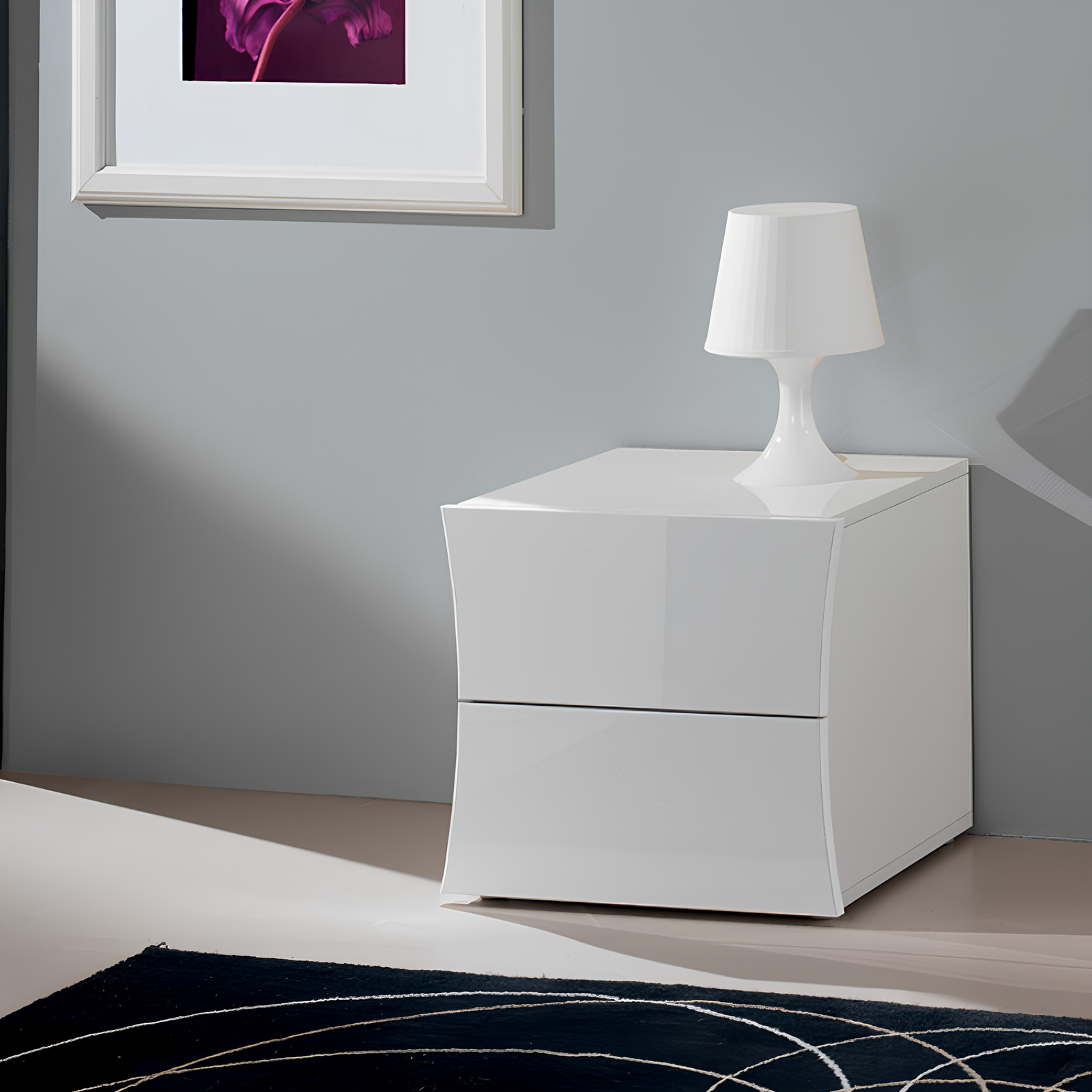 Comodino bianco lucido design moderno arcuato con 2 cassetti - Miny