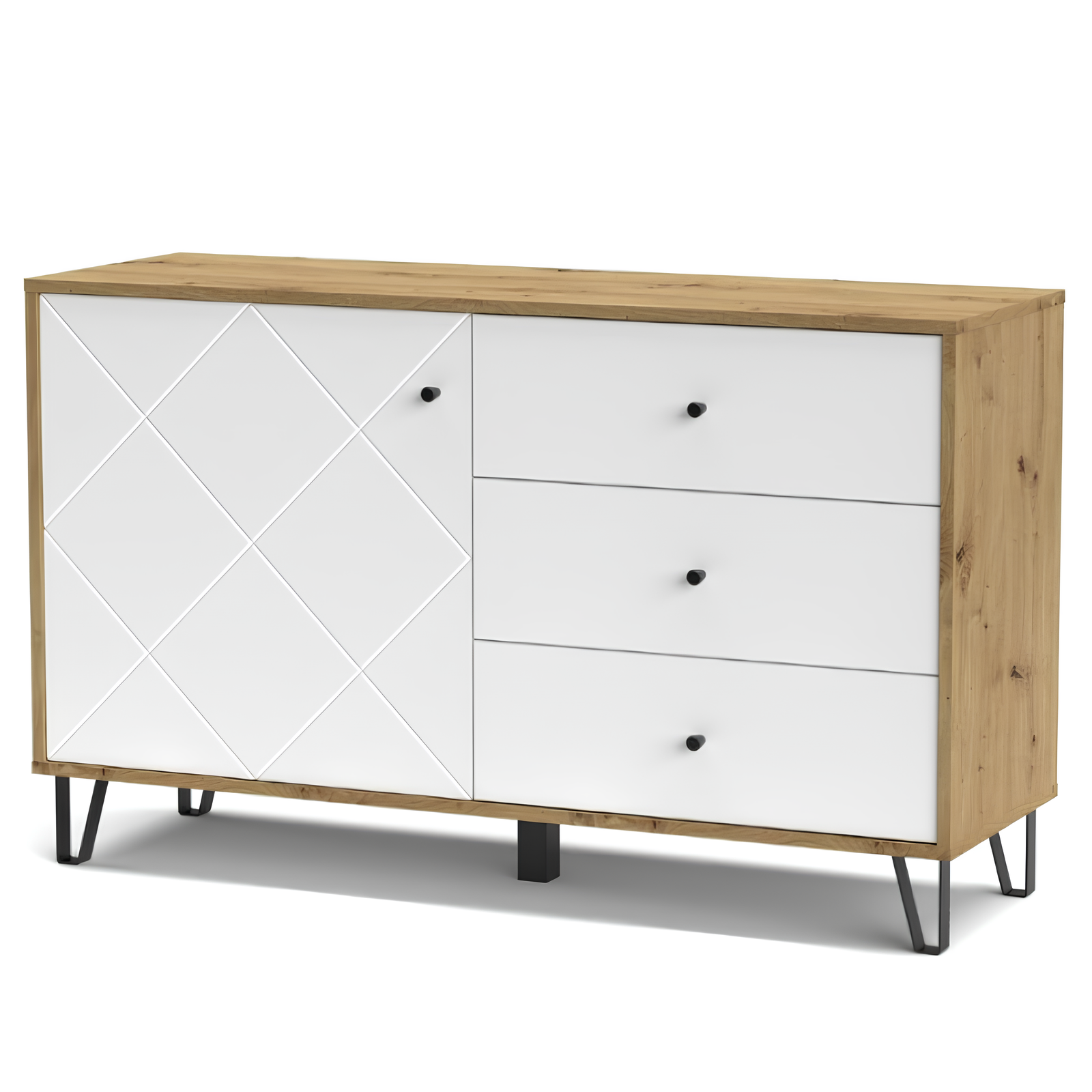 Credenza design moderno con ante design geometrico e 3 cassetti rovere e bianco - Bolli