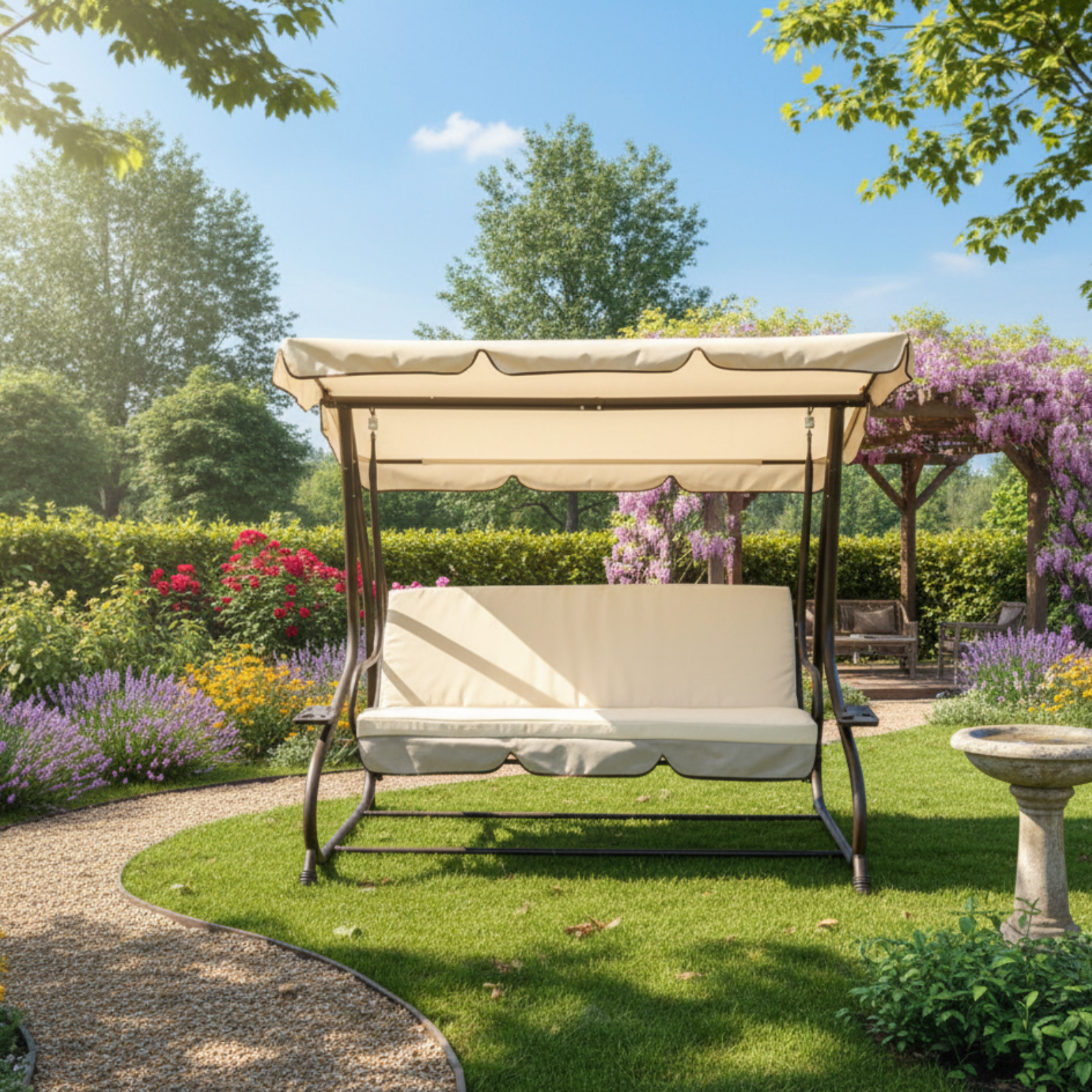 Dondolo da giardino 3 posti in metallo nero telo beige - Oxfo