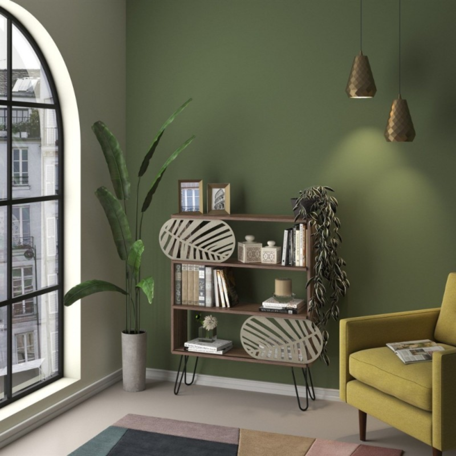 Libreria design moderno 3 ripiani color noce e nero con dettagli crema- Illia