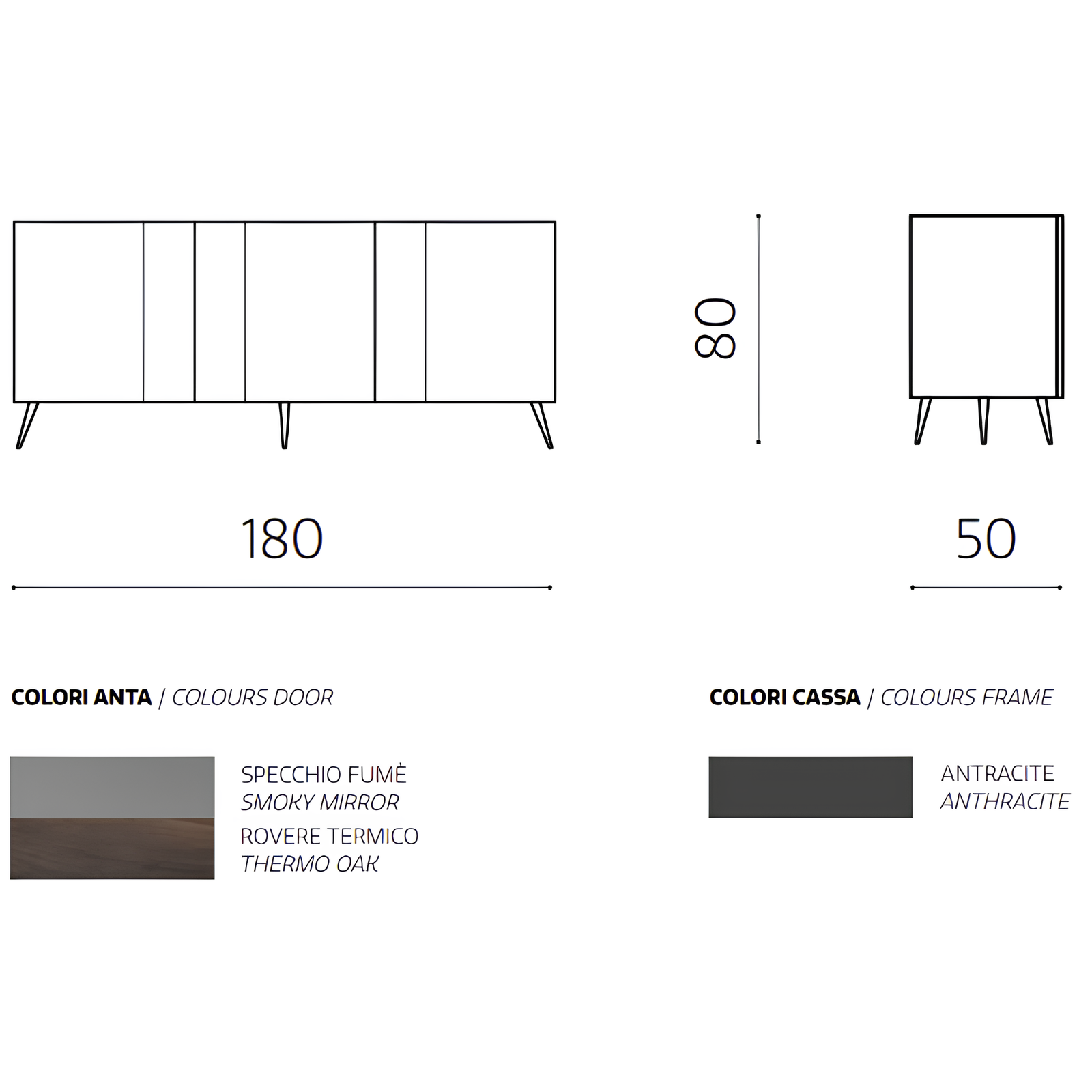 Madia moderna 3 ante con inserti specchio 180x80h antracite e rovere termico con 5 gambe in metallo nero - Sofia