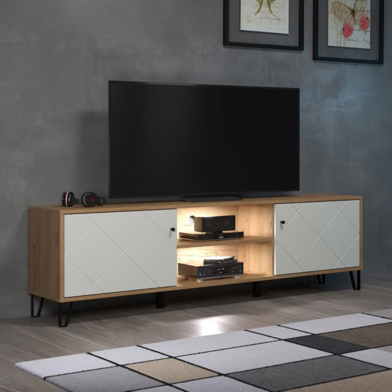 Mobile Porta Tv in legno 183x55H 2 ante con ripiani e vani a giorno rovere e bianco - Linea Bolli