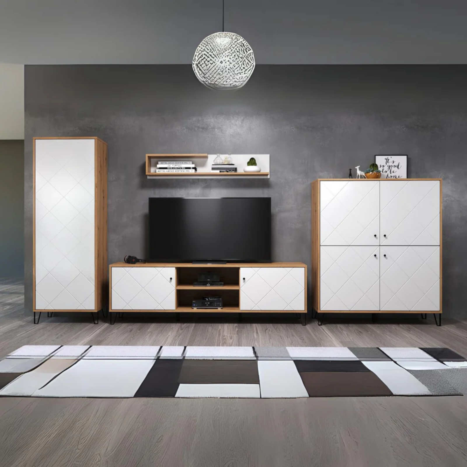 Mobile Porta Tv in legno 183x55H 2 ante con ripiani e vani a giorno rovere e bianco - Linea Bolli