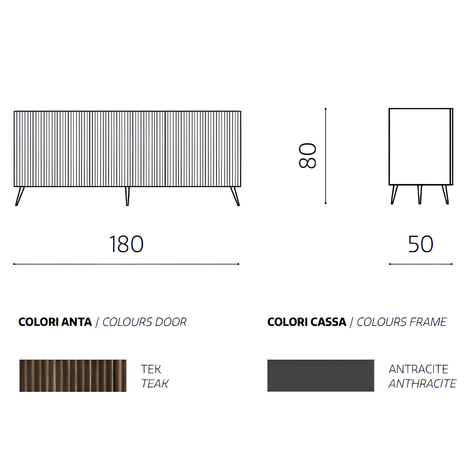 Madia 180x80h con 3 ante in legno color antracite e teak con 5 gambe in metallo nero - Vittoria