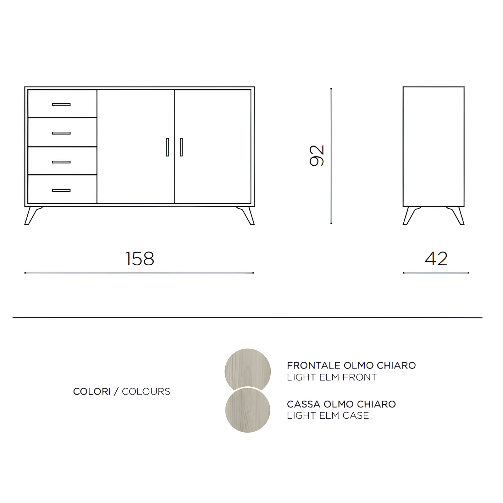 Madia moderna 153x93h in melaminico con 2 ante e 4 cassetti color olmo chiaro - Ariel