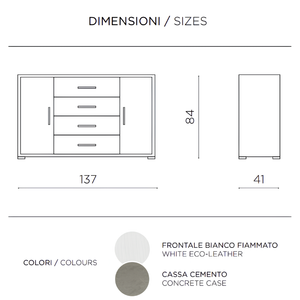 Madia moderna 197x84h in melaminico con 3 a ante e 4 cassetti bianco fiammato e cemento - Amel