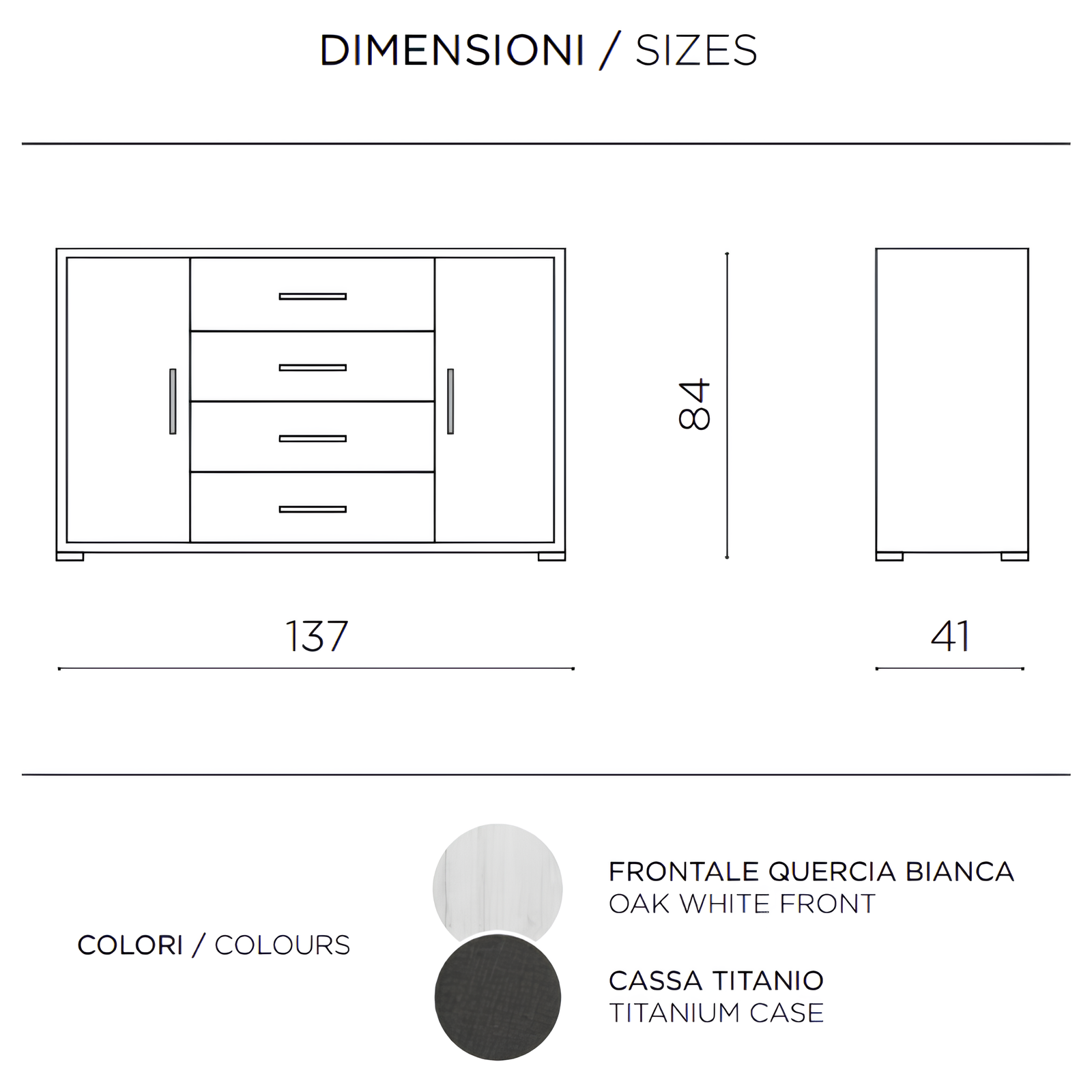 Madia moderna 197x84h in melaminico con 3 a ante e 4 cassetti rovere quercia bianca e titanio - Amel