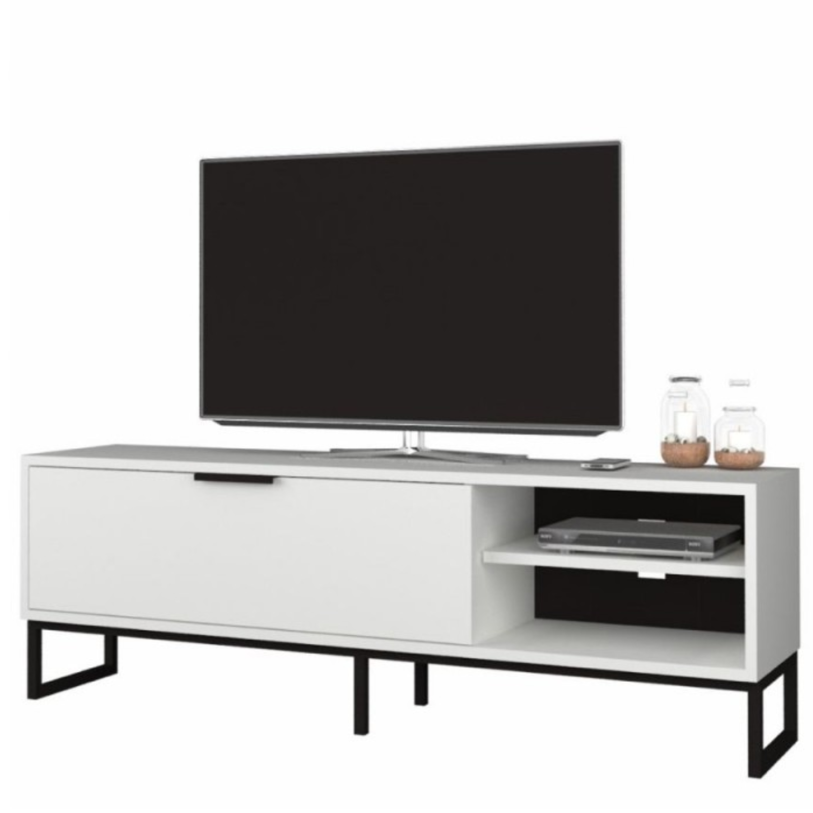 Mobile Porta tv 140x45H design moderno in legno bianco con piedi in metallo nero - Way