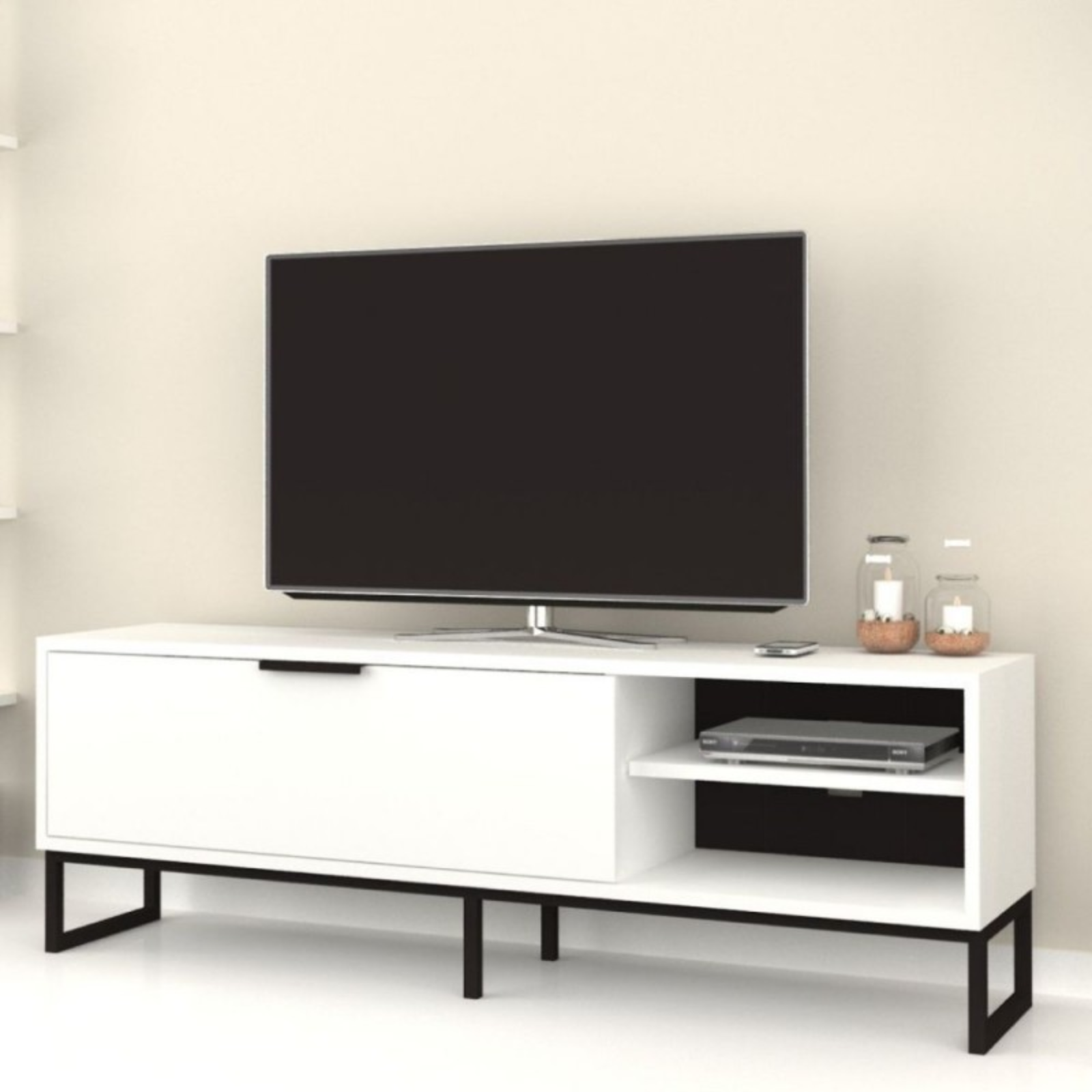 Mobile Porta tv 140x45H design moderno in legno bianco con piedi in metallo nero - Way