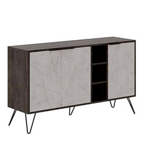 Madia design moderno "Clara" color dark cofee e bianco effetto marmo con 3 ante ripiani interni e vano a giorno con piedi in metalloù