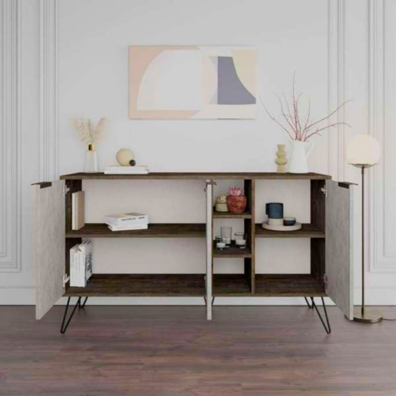 Madia design moderno "Clara" color dark cofee e bianco effetto marmo con 3 ante ripiani interni e vano a giorno con piedi in metallo