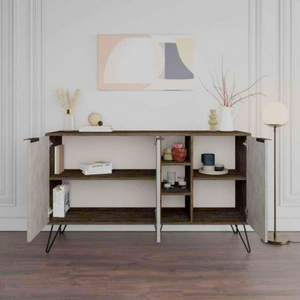 Madia design moderno "Clara" color dark cofee e bianco effetto marmo con 3 ante ripiani interni e vano a giorno con piedi in metallo