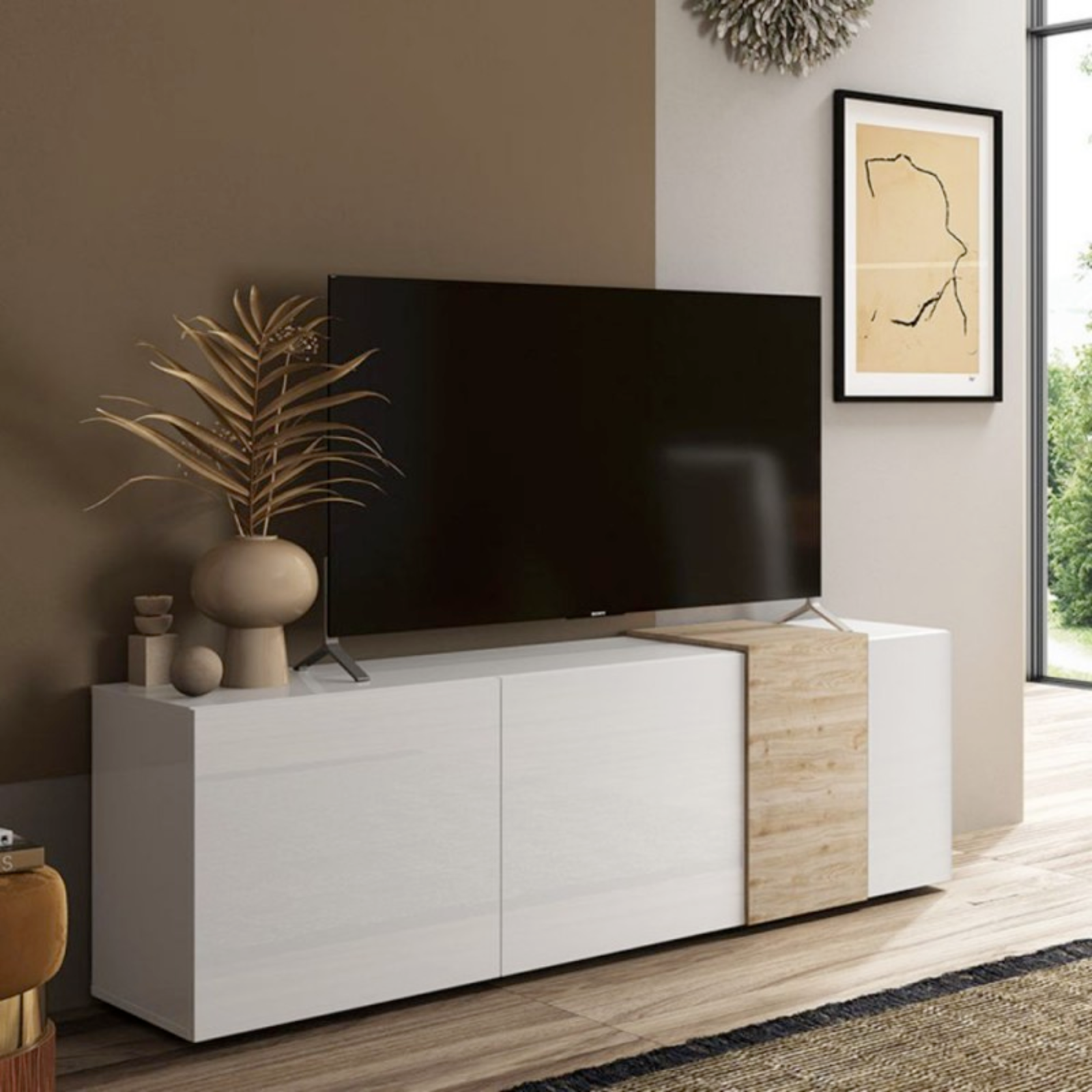 Madia porta tv con 3 ante battenti e 6 ripiani interni struttura in legno color bianco lucido e rovere