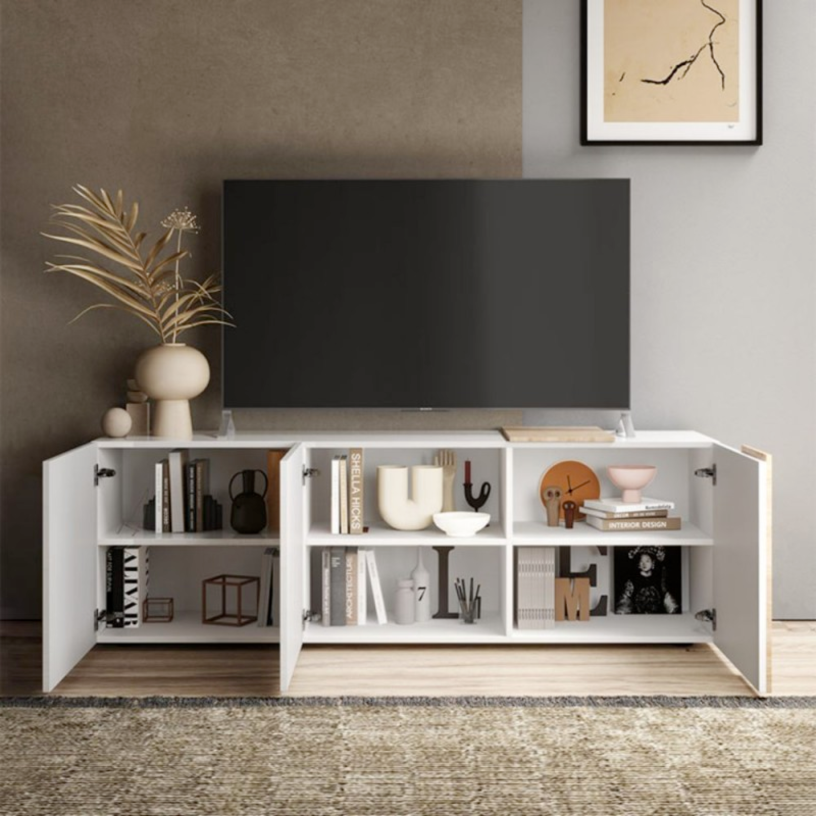 Madia porta tv con 3 ante battenti e 6 ripiani interni struttura in legno color bianco lucido e rovere