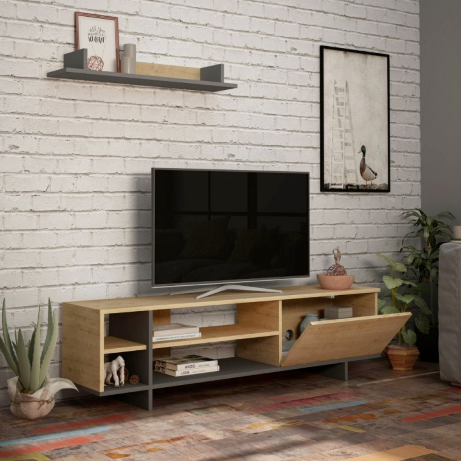 Mobile porta tv design moderno color rovere e antracite con 1 anta a ribalta 2 vani a giorno con ripiani e mensola da parete