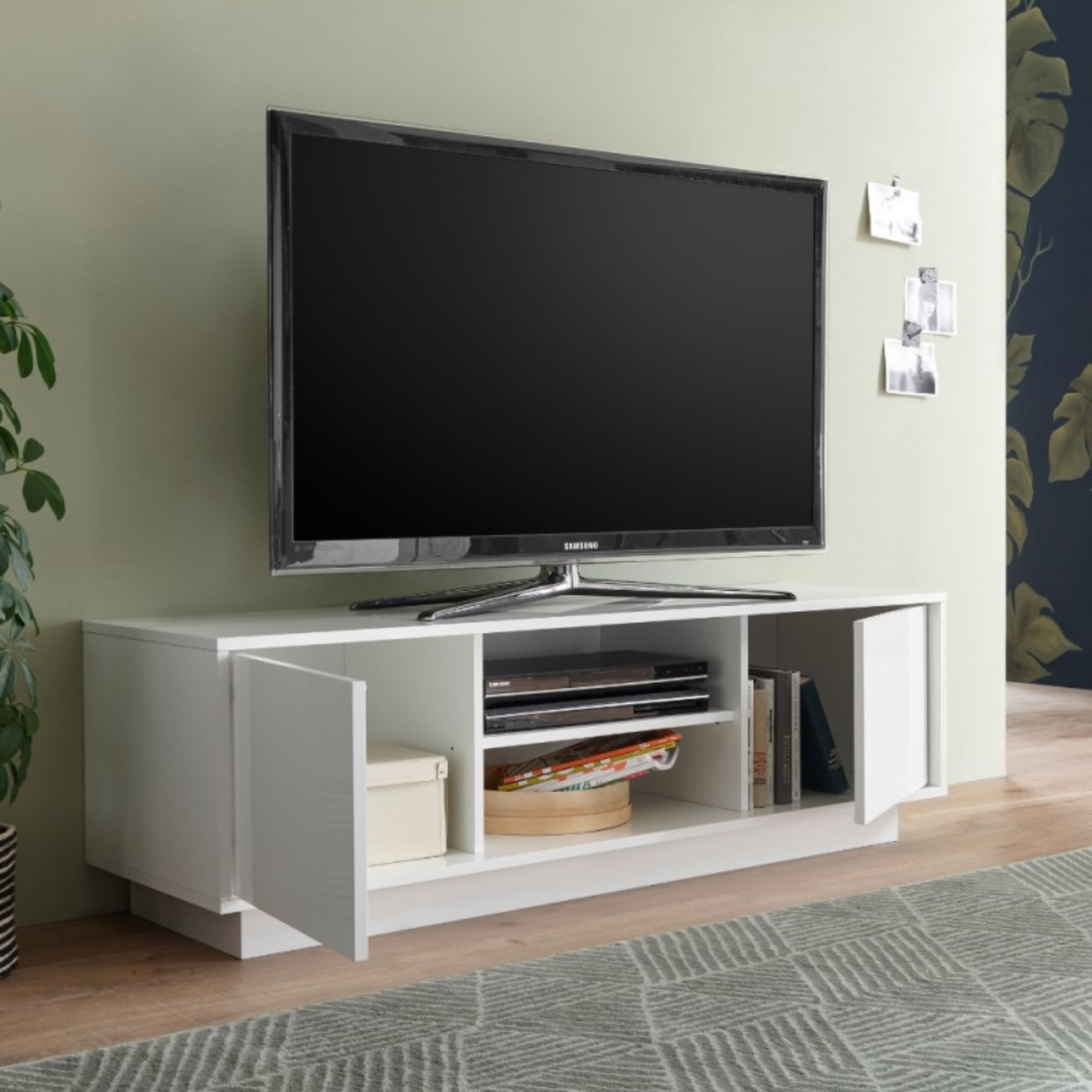 Mobile Porta Tv design moderno 139x44H con 2 ante e vani a giorno bianco lucido - Flo