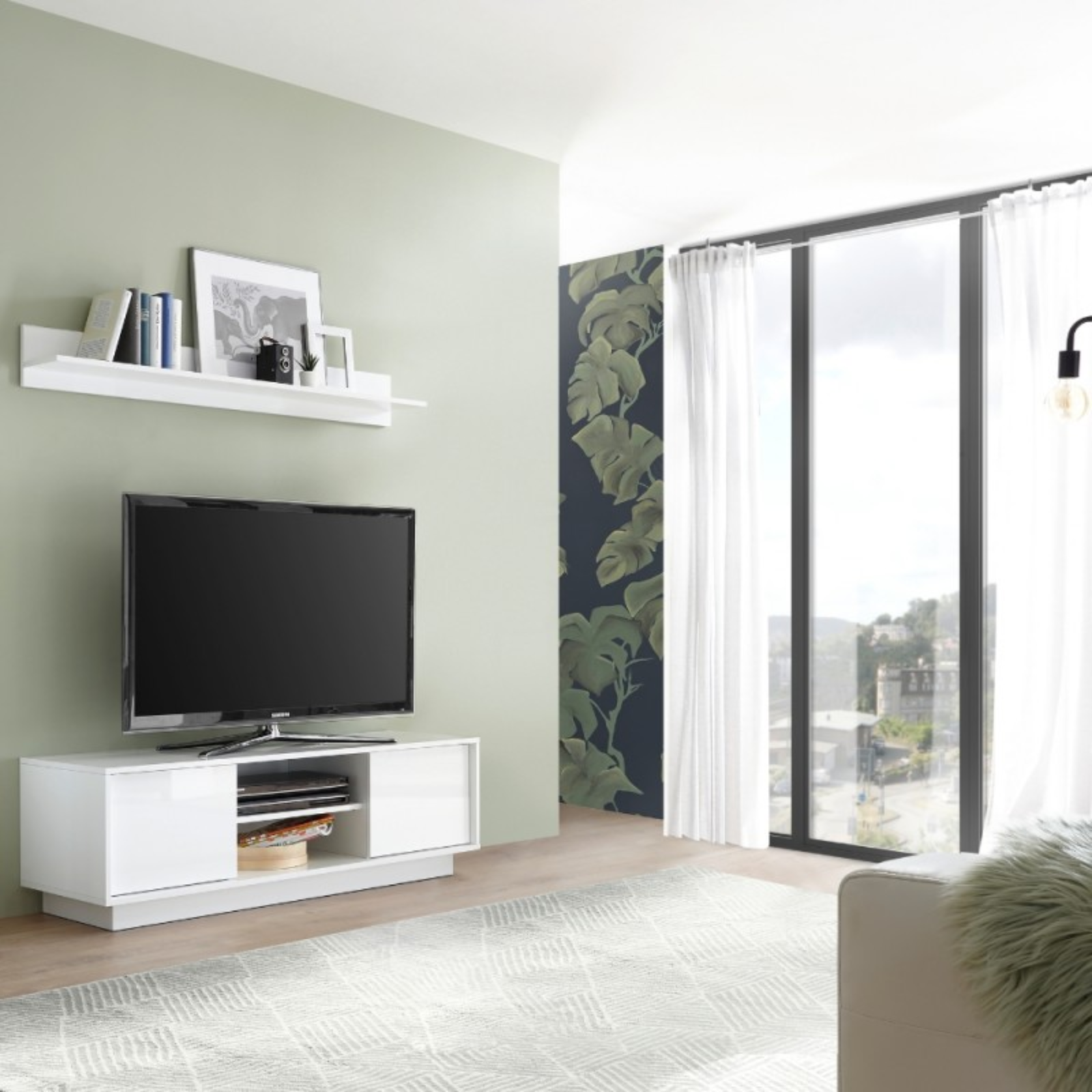 Mobile Porta Tv design moderno 139x44H con 2 ante e vani a giorno bianco lucido - Flo