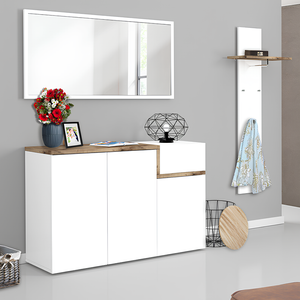 Esplora l'eleganza moderna con la credenza multiuso Blinx: design in bianco lucido e acero, 3 ante con 5 ripiani e antina a ribalta. Funzionale e raffinata, si adatta a diverse ambientazioni. Organizza il tuo spazio con stile e praticità