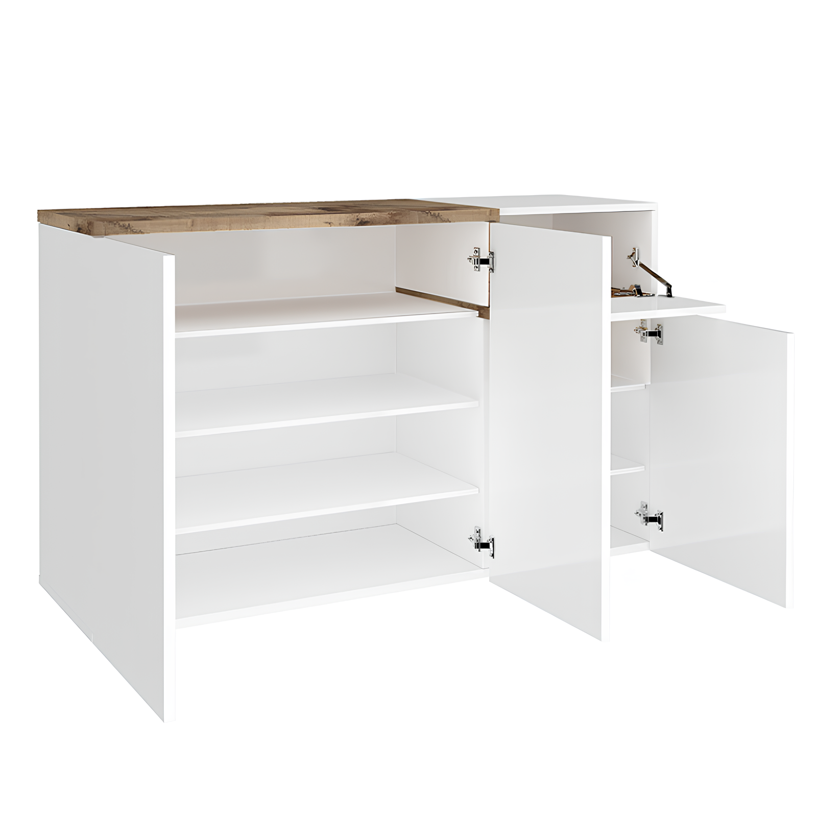 Esplora l'eleganza moderna con la credenza multiuso Blinx: design in bianco lucido e acero, 3 ante con 5 ripiani e antina a ribalta. Funzionale e raffinata, si adatta a diverse ambientazioni. Organizza il tuo spazio con stile e praticità