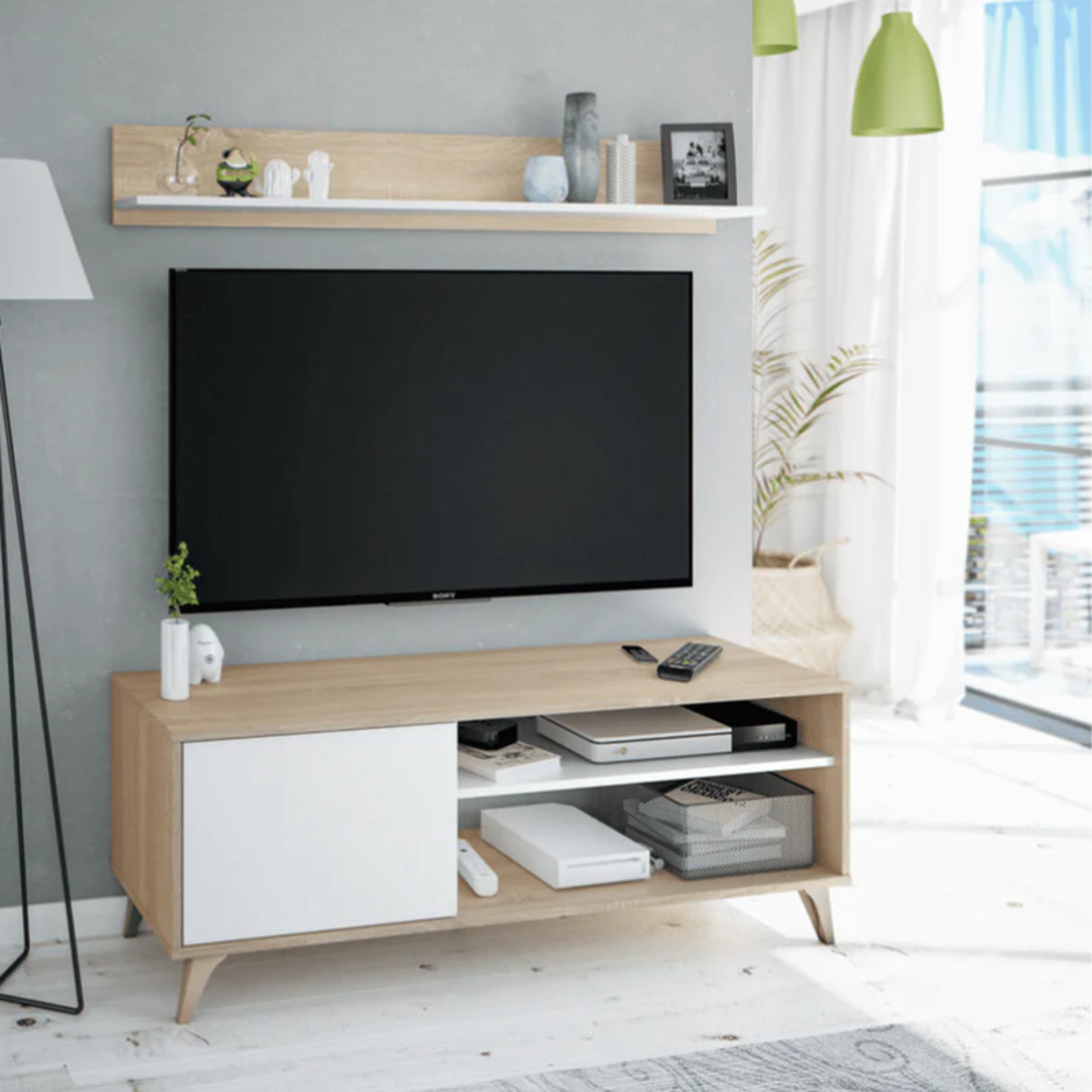 Mobile porta tv e mensola da parete design moderno in legno rovere e bianco - Malty